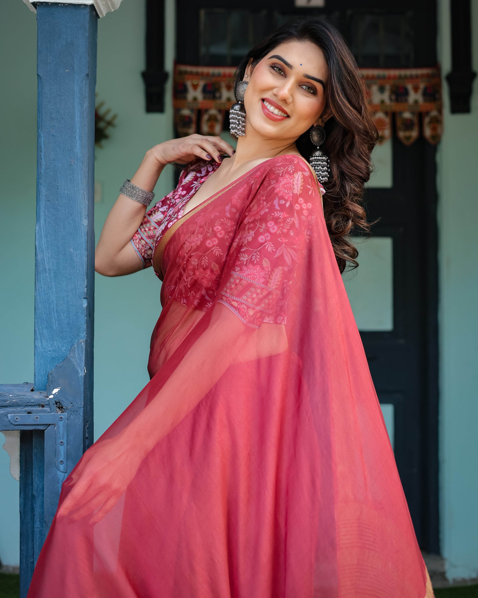 Elegant Maroon Plain Chiffon Saree with Gold Border, Printed Blouse & Tassel Detailing - SEEANS