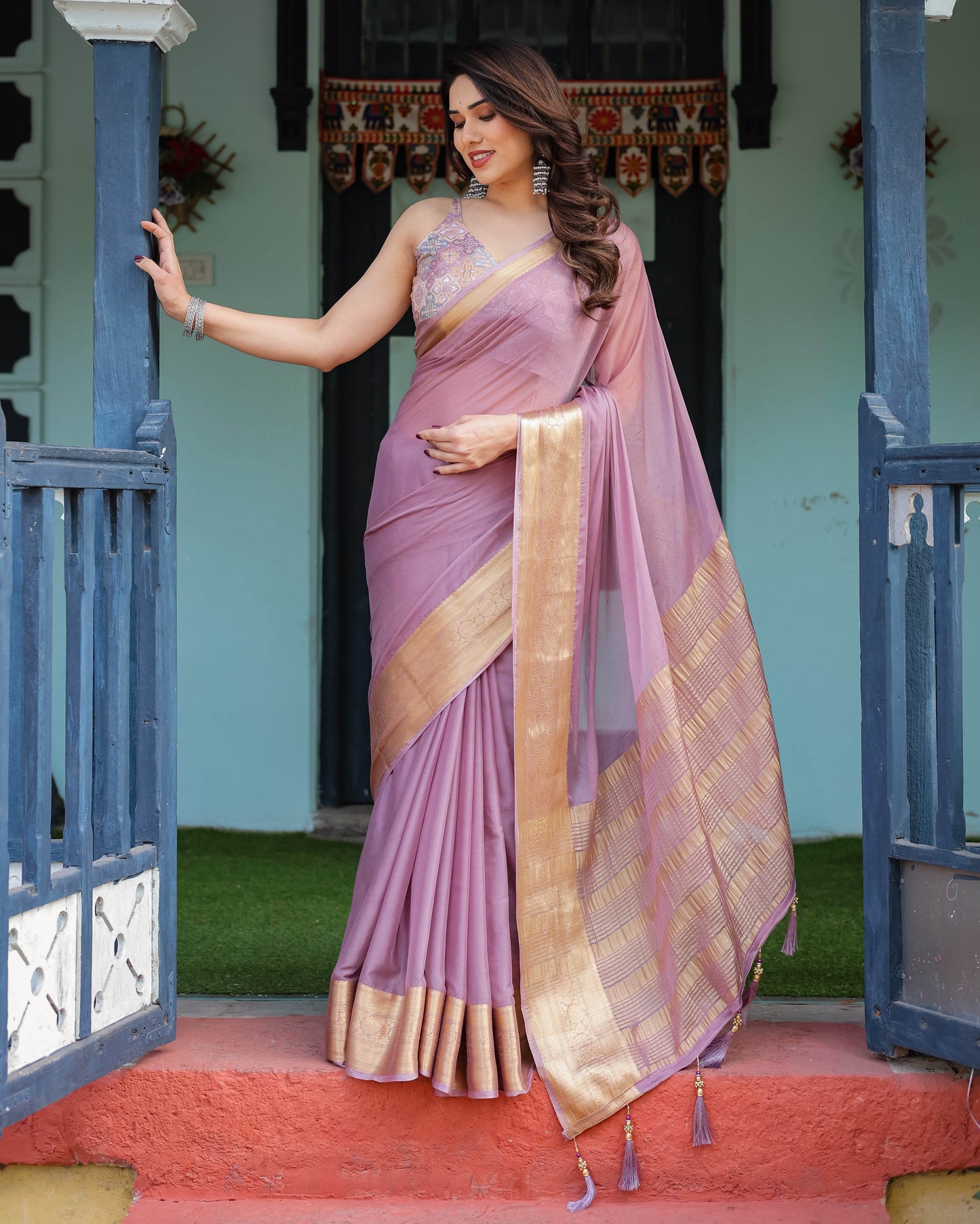 Lavender Plain Chiffon Saree with Gold Zari Border, Printed Blouse & Tassel Details - SEEANS