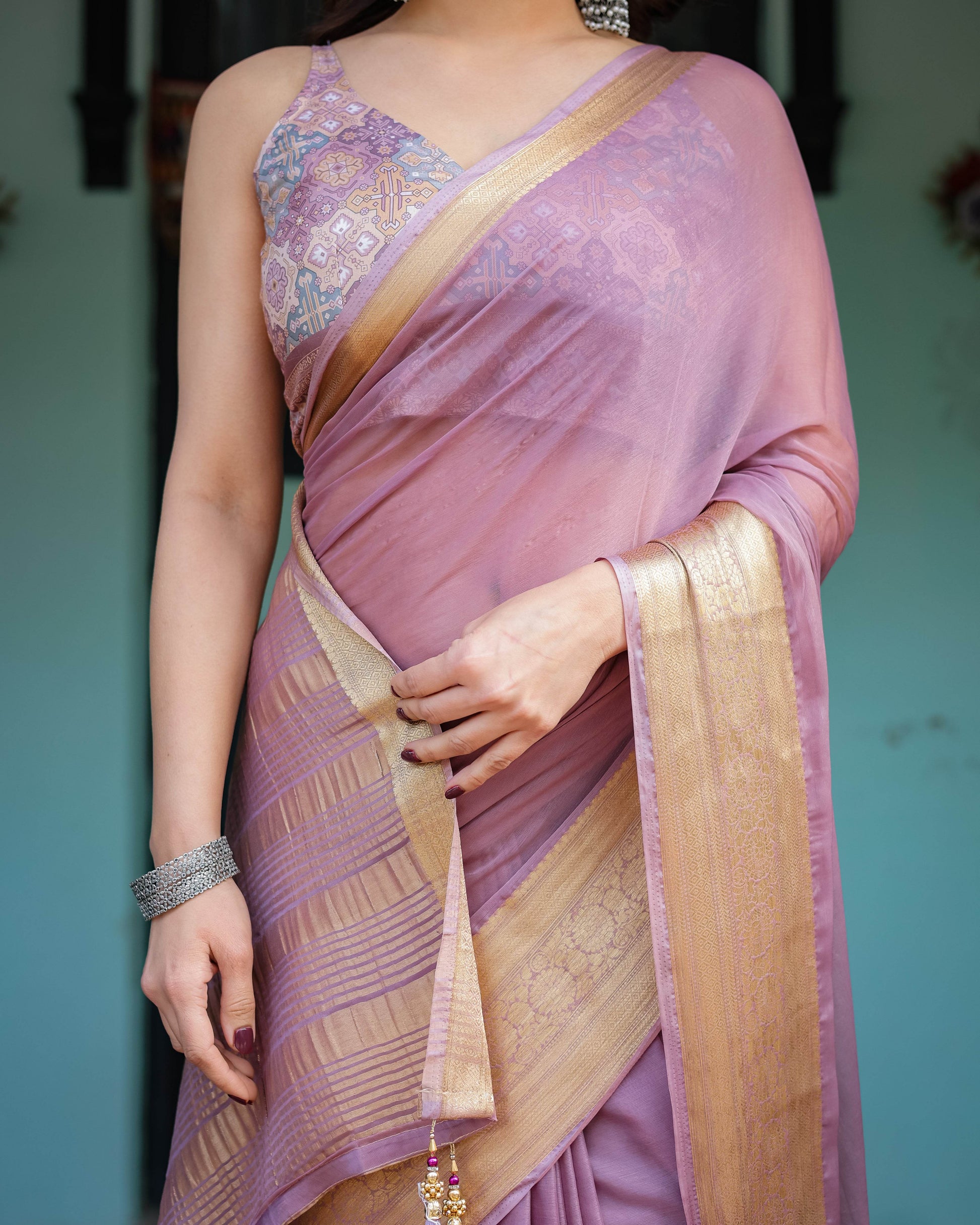 Lavender Plain Chiffon Saree with Gold Zari Border, Printed Blouse & Tassel Details - SEEANS