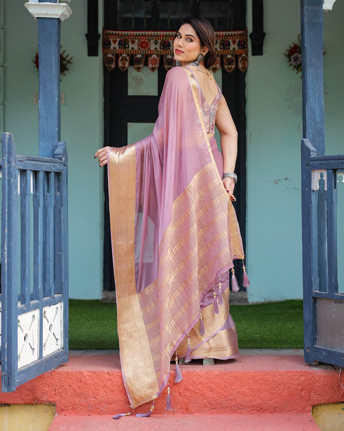 Lavender Plain Chiffon Saree with Gold Zari Border, Printed Blouse & Tassel Details - SEEANS