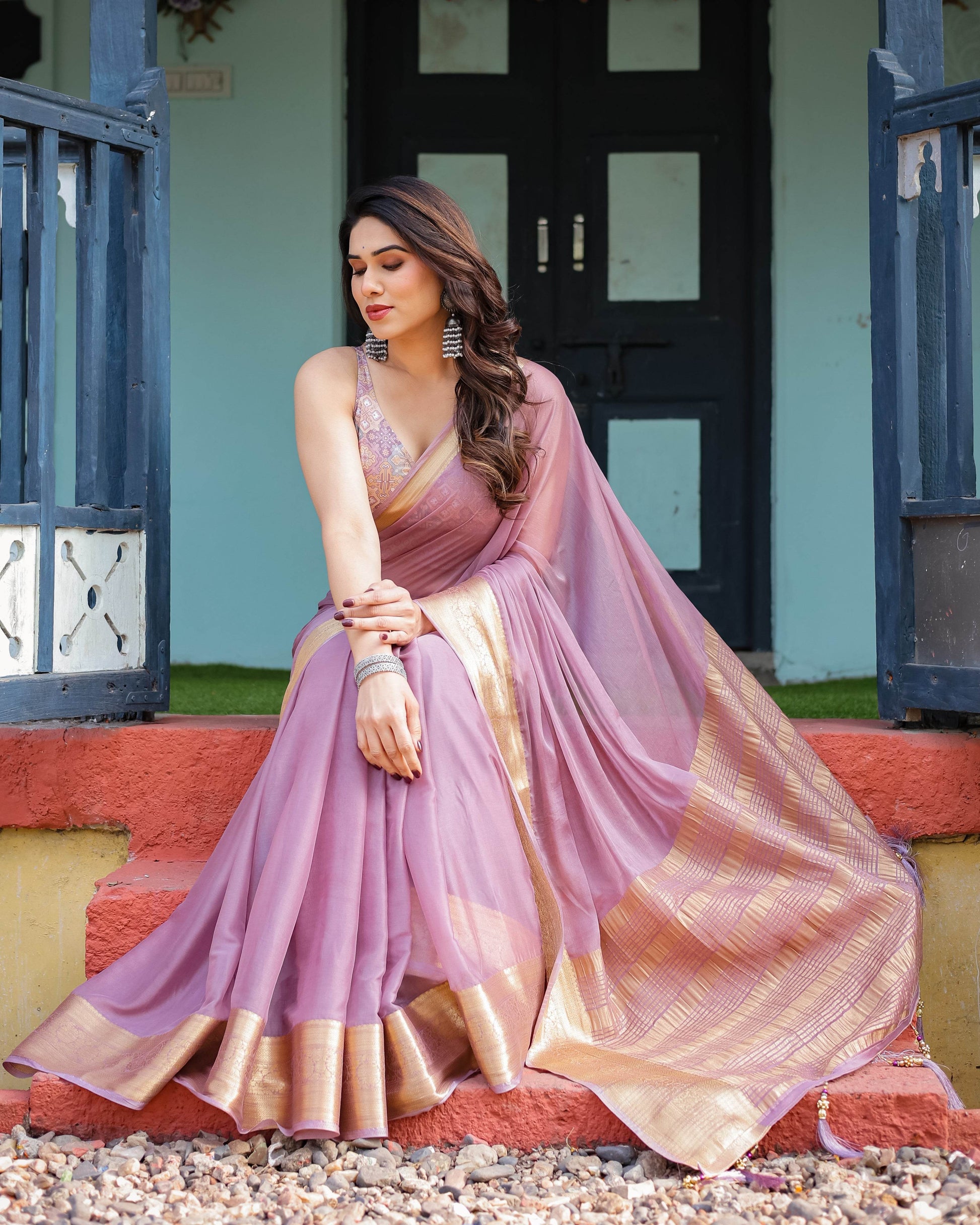 Lavender Plain Chiffon Saree with Gold Zari Border, Printed Blouse & Tassel Details - SEEANS