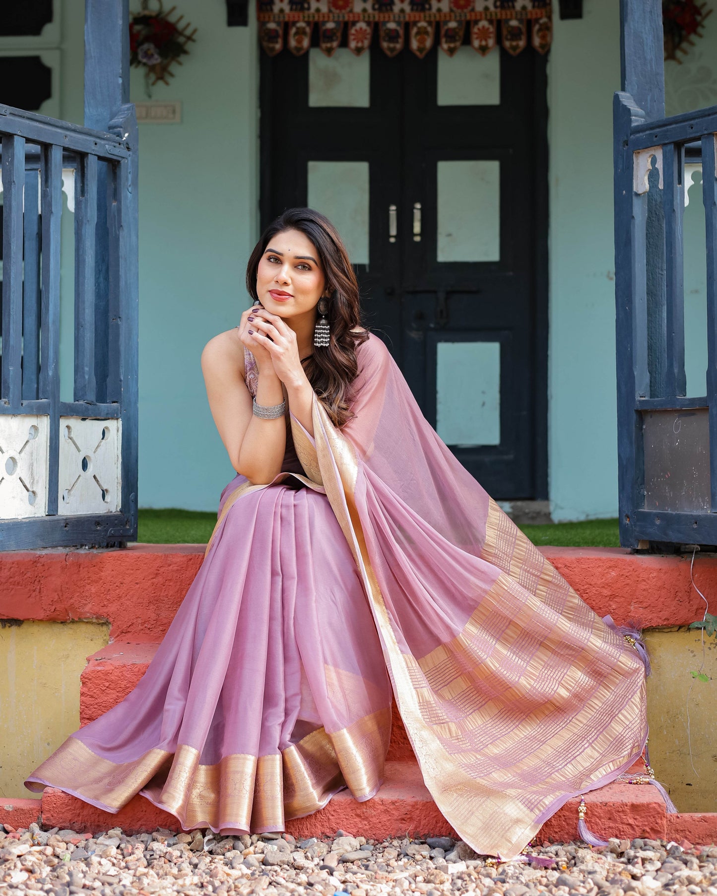 Lavender Plain Chiffon Saree with Gold Zari Border, Printed Blouse & Tassel Details - SEEANS