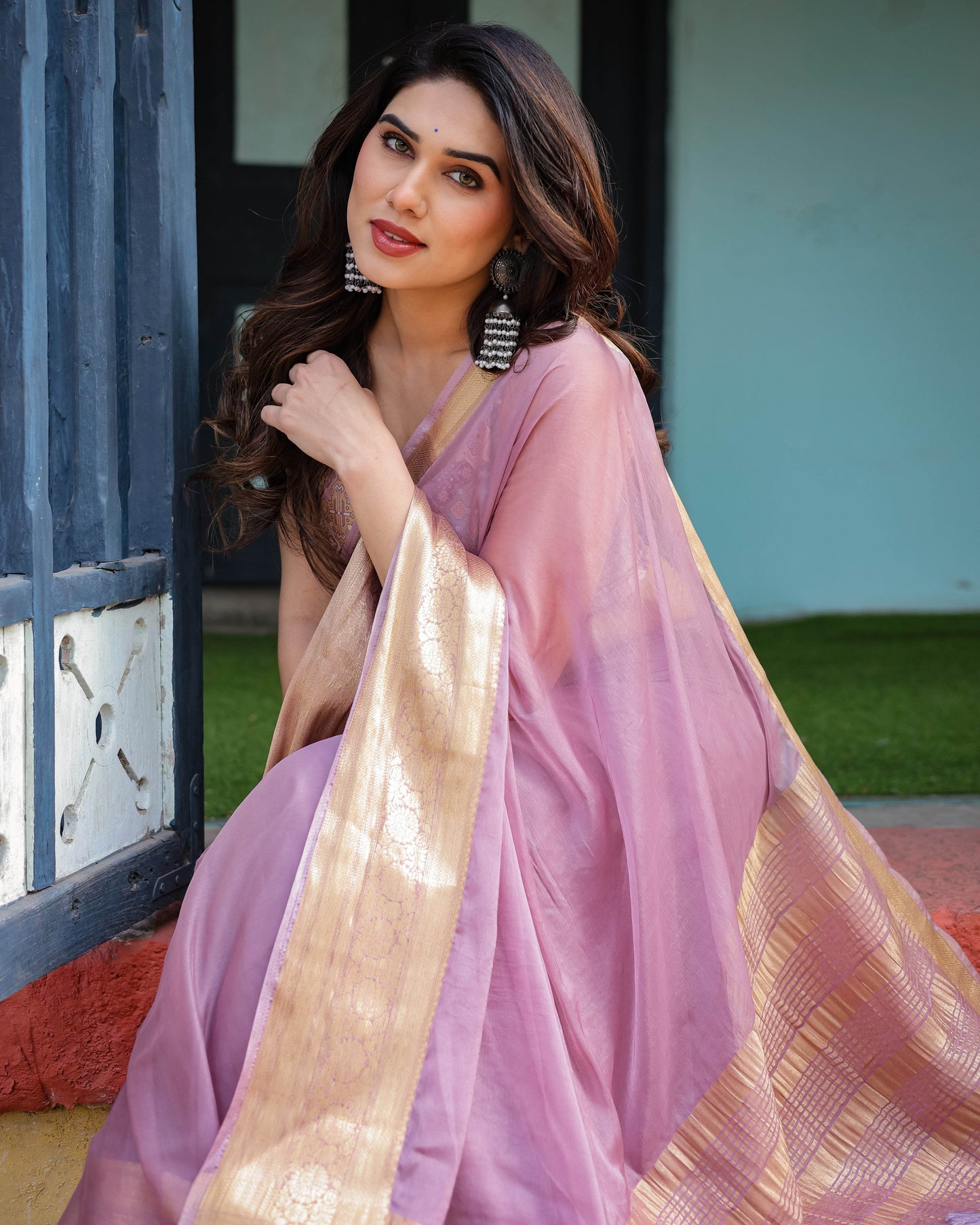 Lavender Plain Chiffon Saree with Gold Zari Border, Printed Blouse & Tassel Details - SEEANS