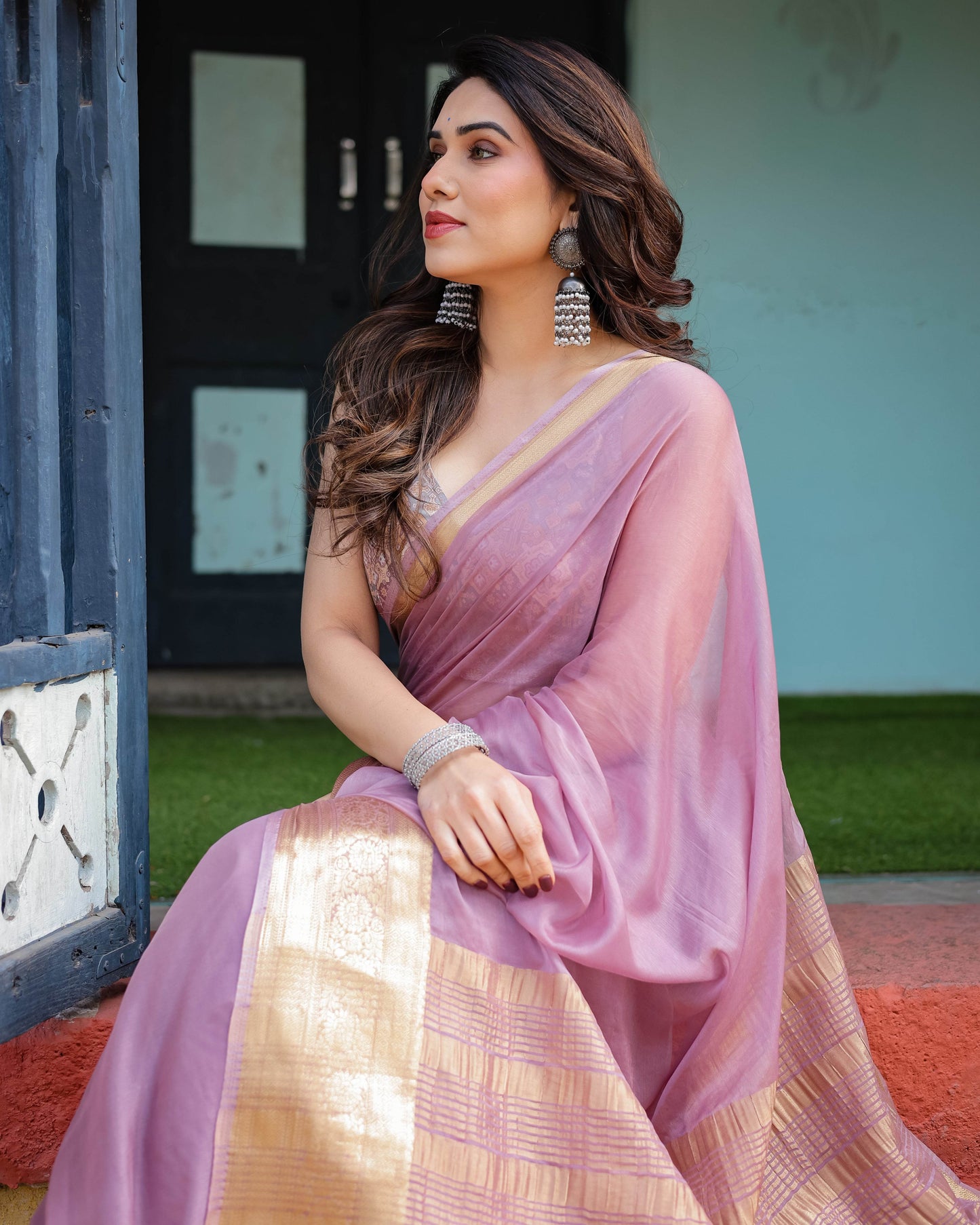 Lavender Plain Chiffon Saree with Gold Zari Border, Printed Blouse & Tassel Details - SEEANS