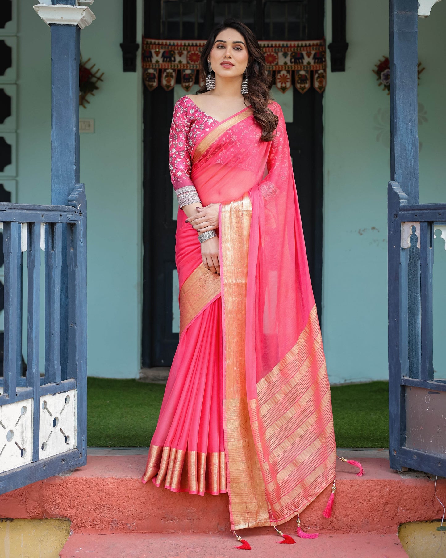 Ravishing Rani Pink Plain Chiffon Saree with Gold Zari Border, Floral Printed Blouse & Tassel Accents - SEEANS