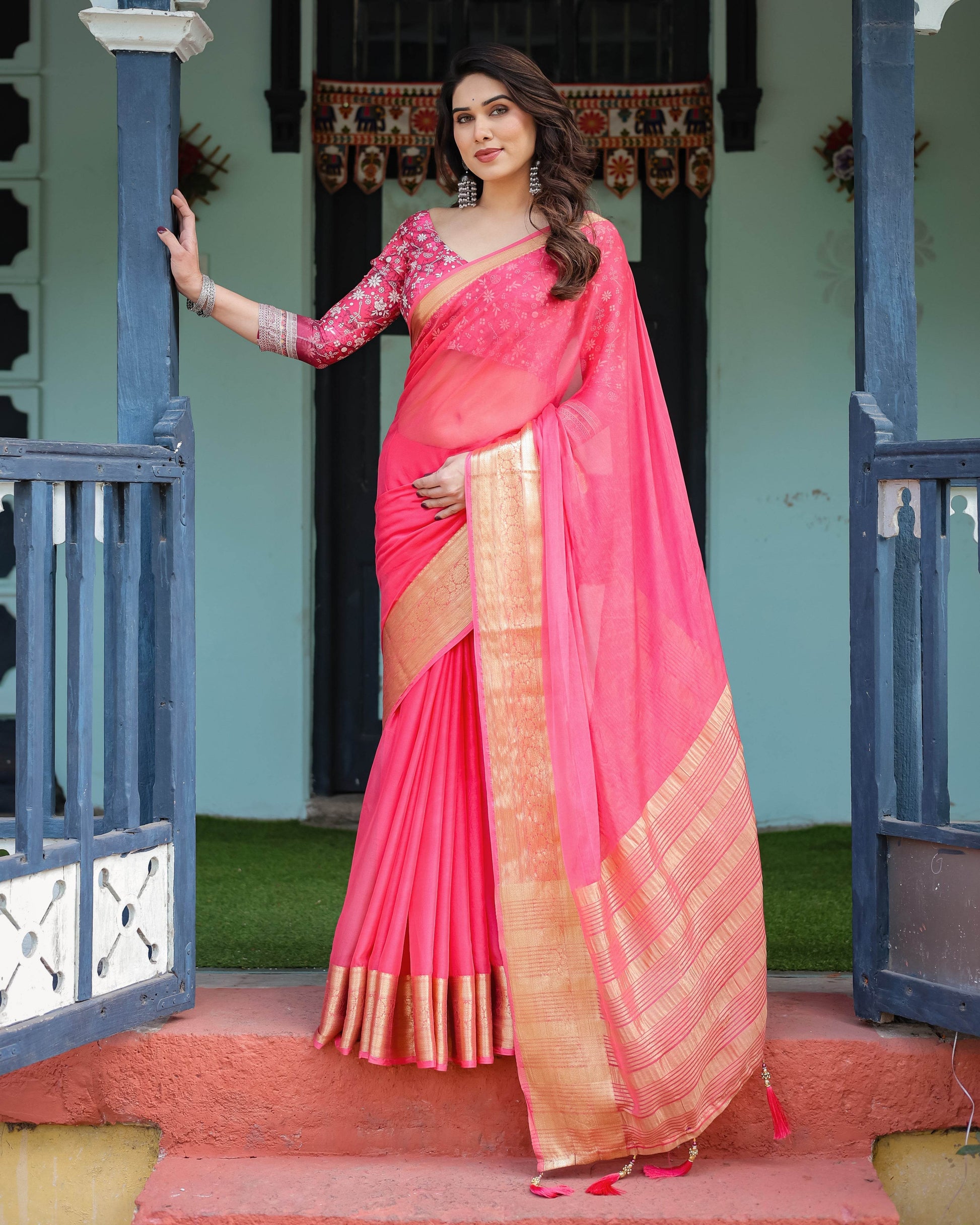 Ravishing Rani Pink Plain Chiffon Saree with Gold Zari Border, Floral Printed Blouse & Tassel Accents - SEEANS