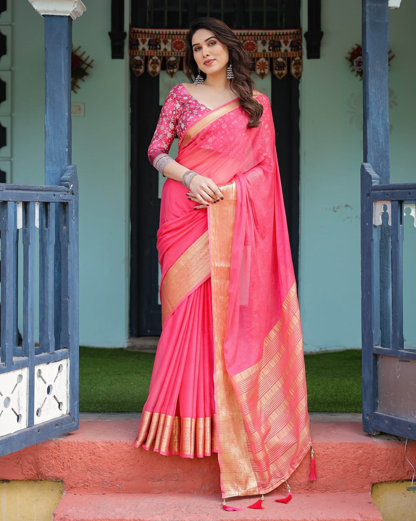 Ravishing Rani Pink Plain Chiffon Saree with Gold Zari Border, Floral Printed Blouse & Tassel Accents - SEEANS