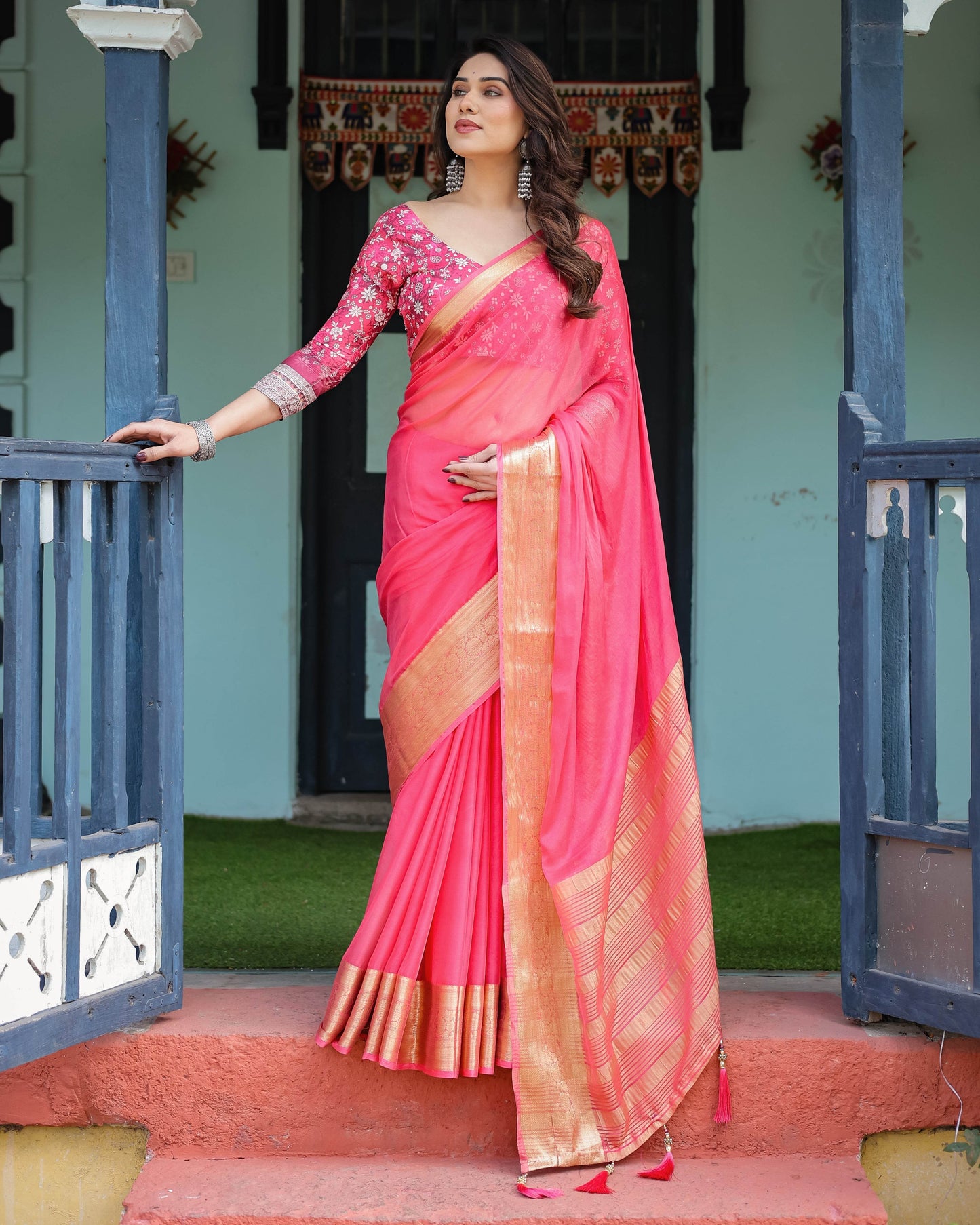 Ravishing Rani Pink Plain Chiffon Saree with Gold Zari Border, Floral Printed Blouse & Tassel Accents - SEEANS