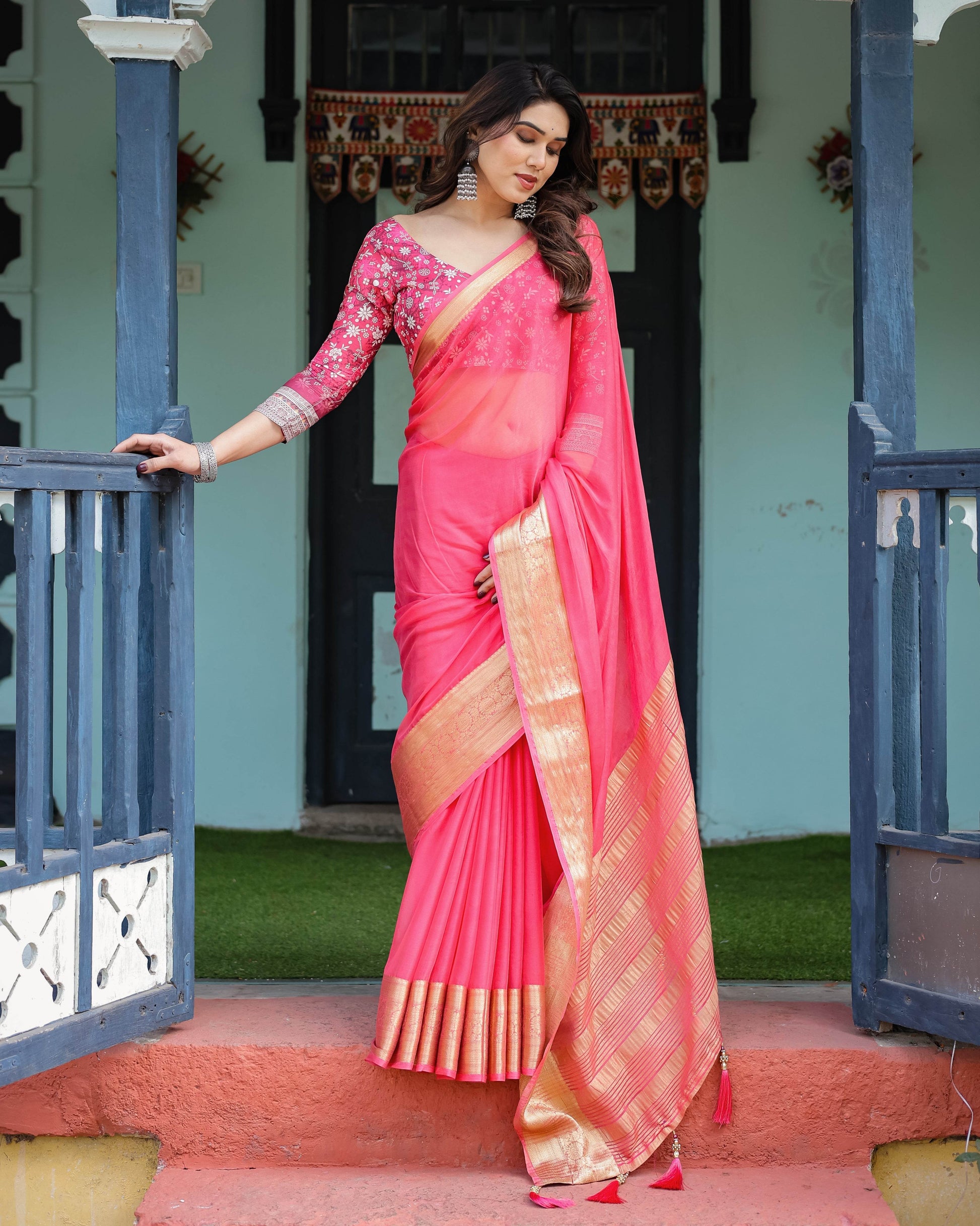 Ravishing Rani Pink Plain Chiffon Saree with Gold Zari Border, Floral Printed Blouse & Tassel Accents - SEEANS