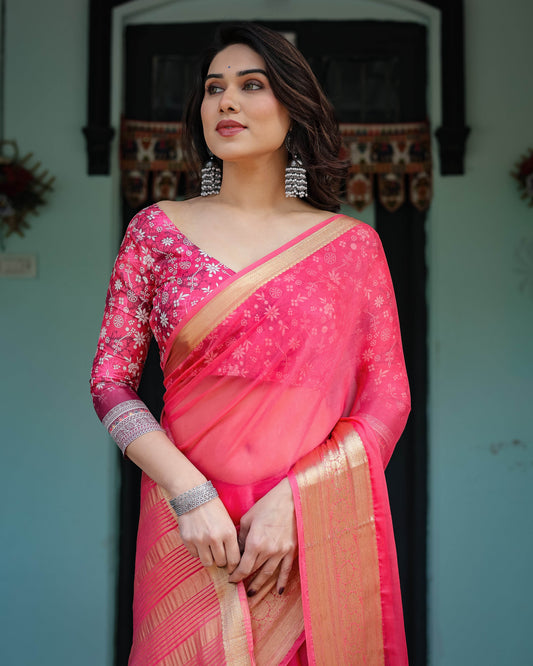 Ravishing Rani Pink Plain Chiffon Saree with Gold Zari Border, Floral Printed Blouse & Tassel Accents - SEEANS