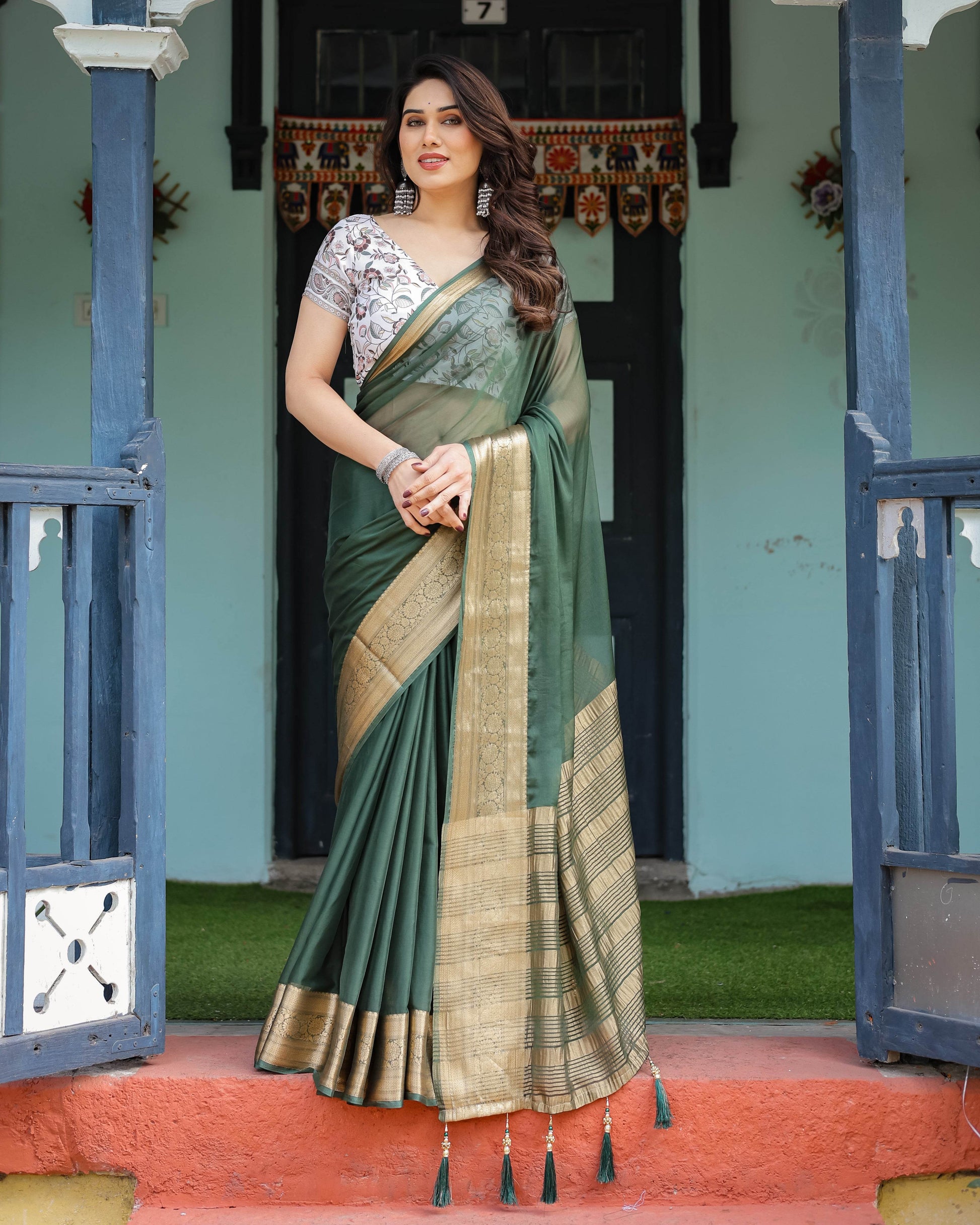 Elegant Bottle Green Plain Chiffon Saree with Gold Zari Border, Floral Printed Blouse & Tassel Finishing - SEEANS