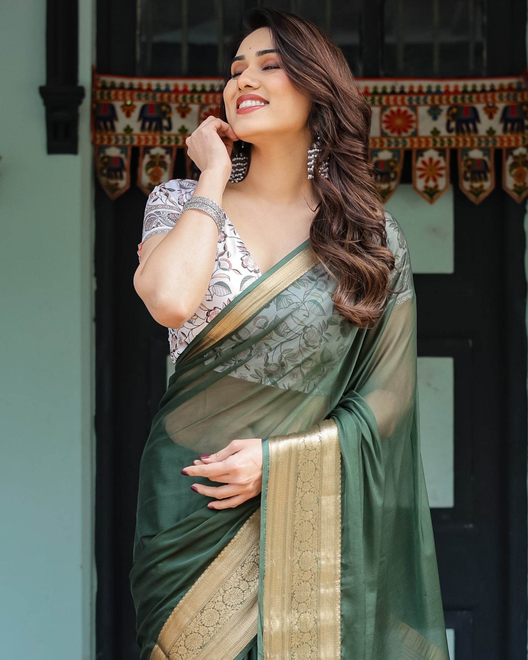 Elegant Bottle Green Plain Chiffon Saree with Gold Zari Border, Floral Printed Blouse & Tassel Finishing - SEEANS