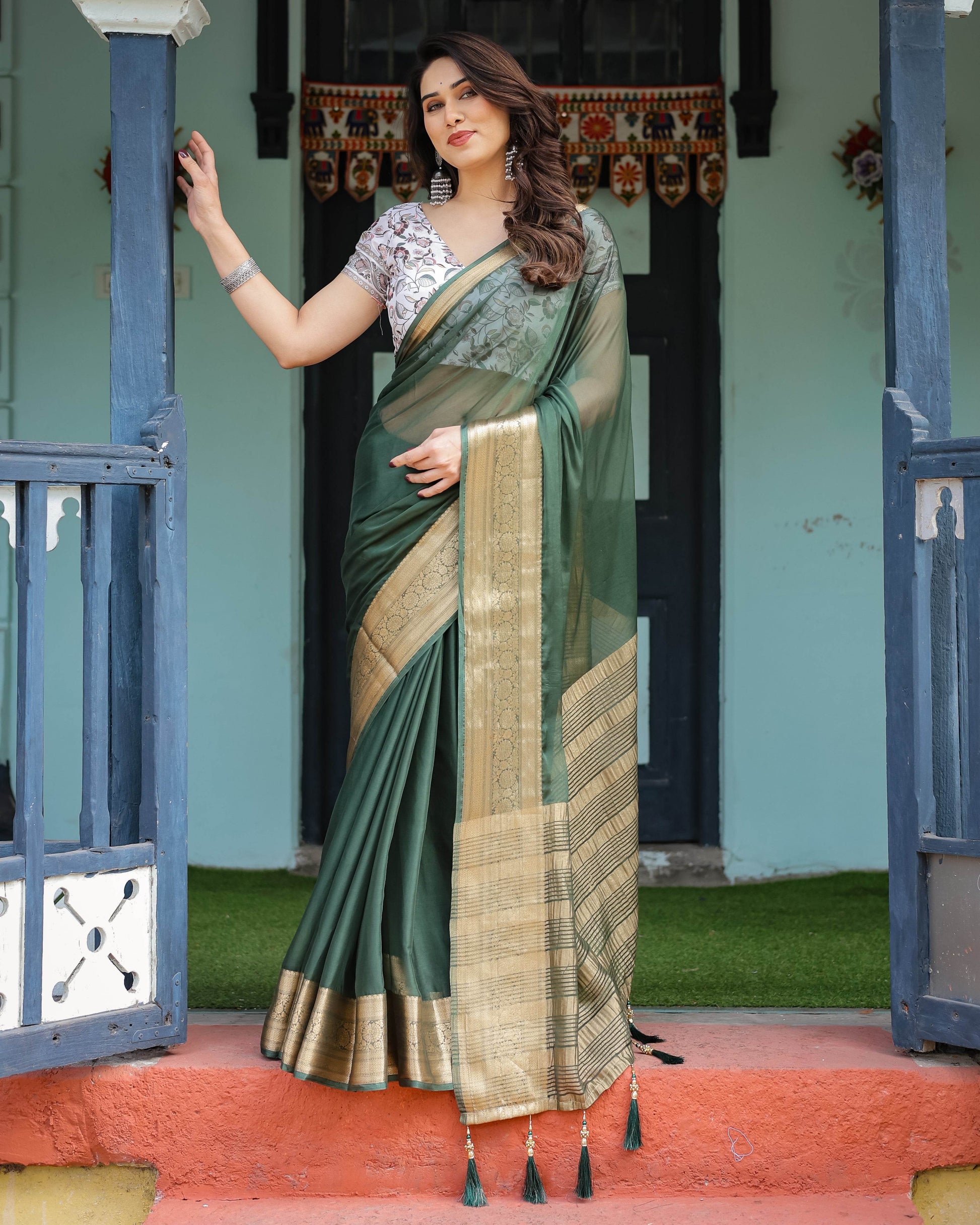 Elegant Bottle Green Plain Chiffon Saree with Gold Zari Border, Floral Printed Blouse & Tassel Finishing - SEEANS