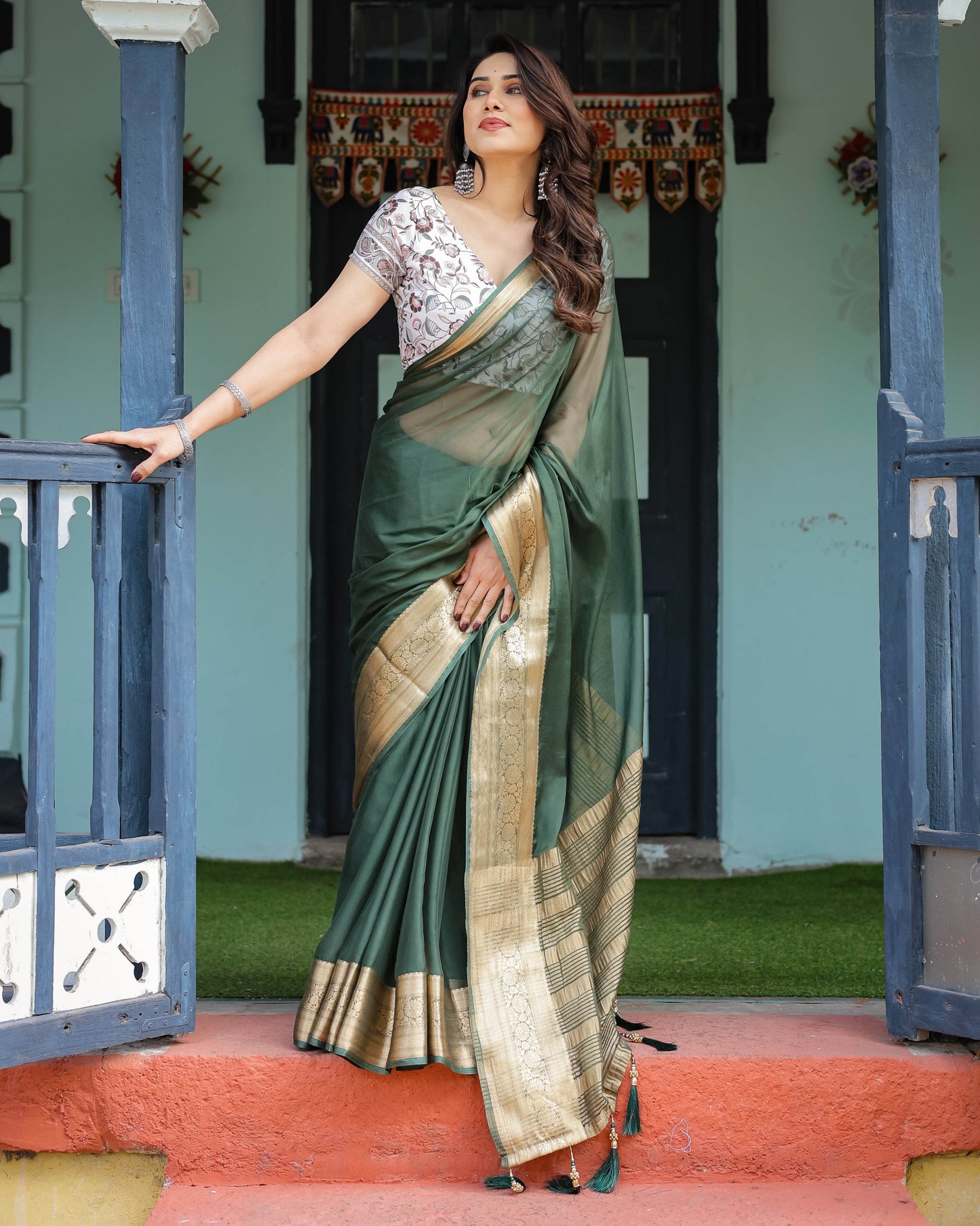 Elegant Bottle Green Plain Chiffon Saree with Gold Zari Border, Floral Printed Blouse & Tassel Finishing - SEEANS