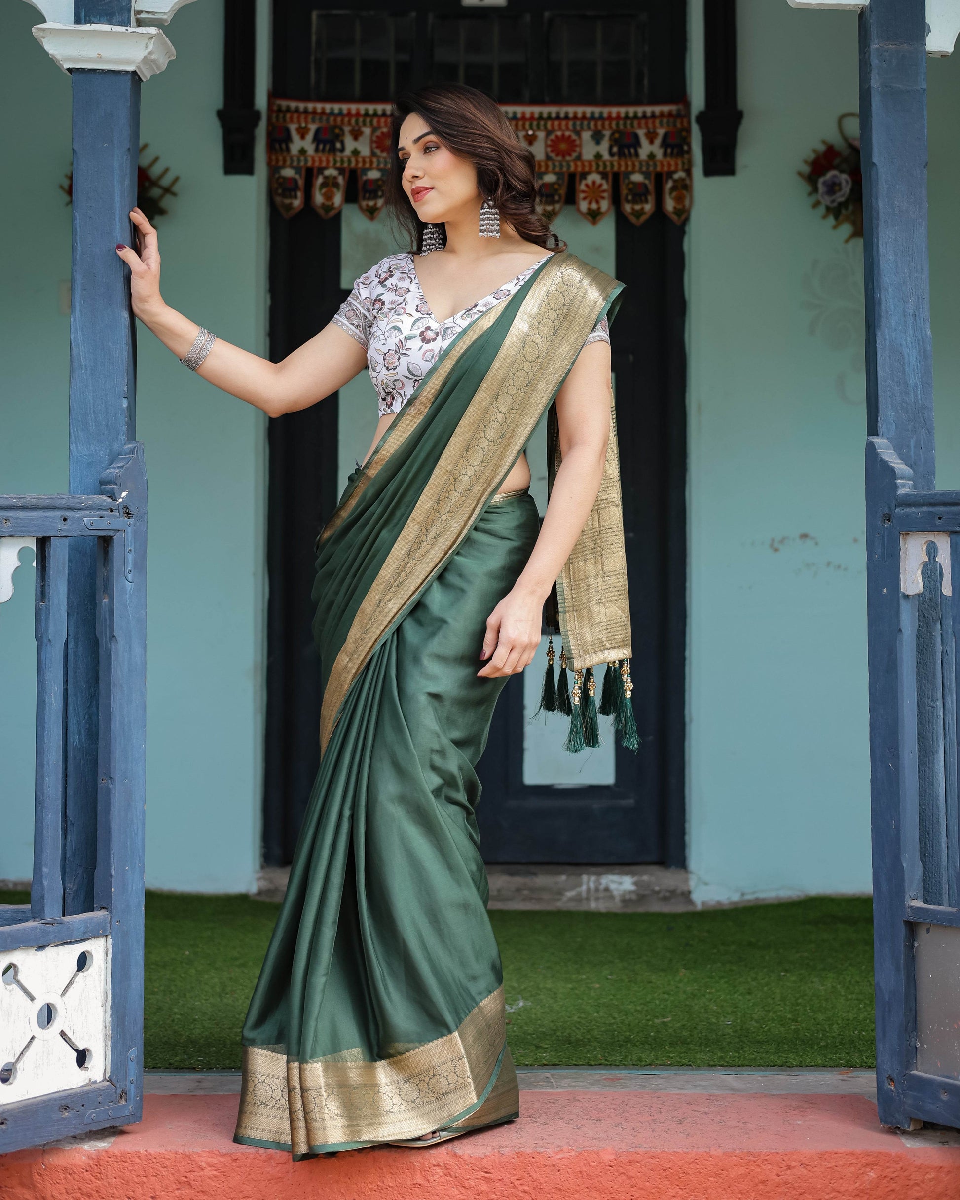 Elegant Bottle Green Plain Chiffon Saree with Gold Zari Border, Floral Printed Blouse & Tassel Finishing - SEEANS