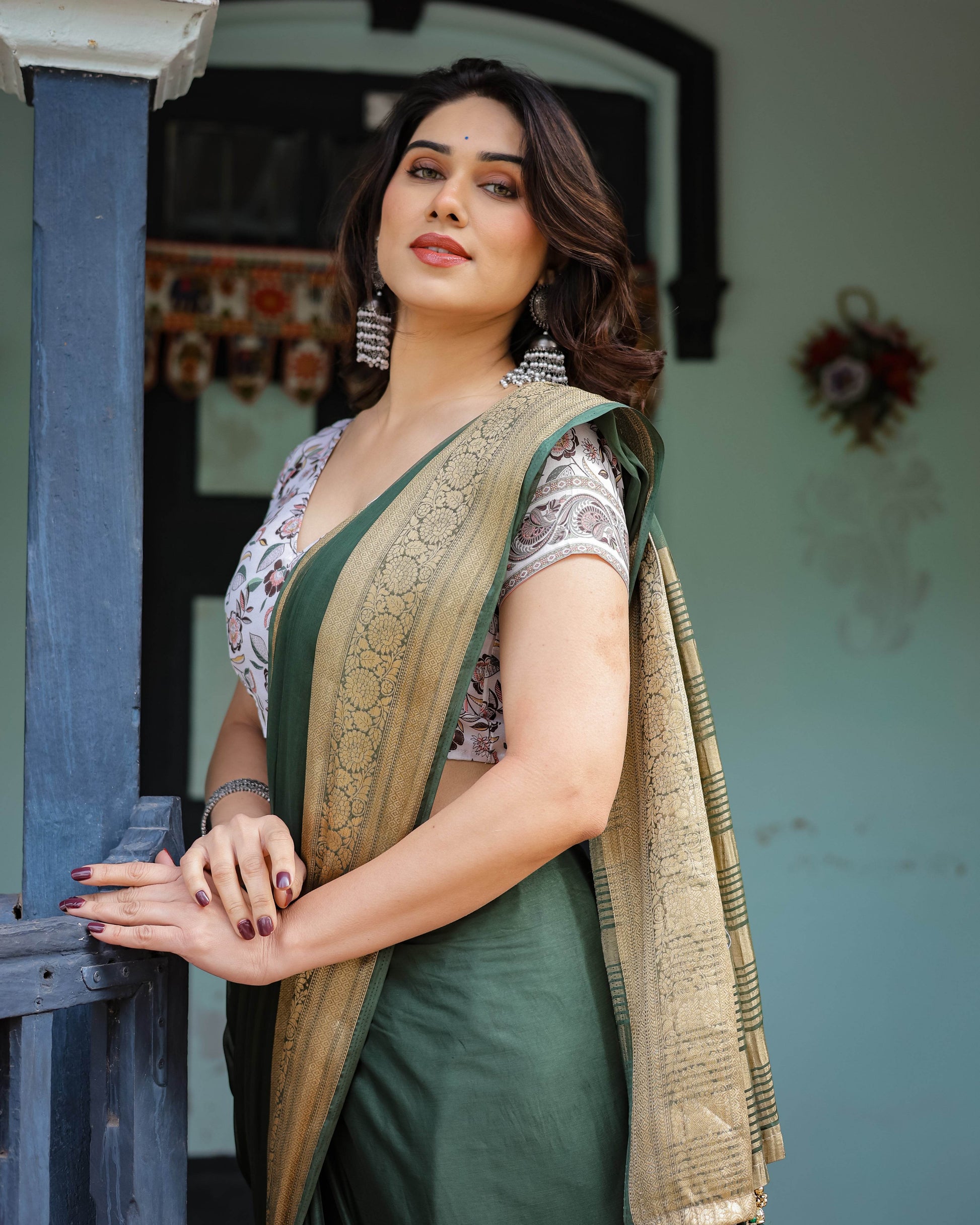 Elegant Bottle Green Plain Chiffon Saree with Gold Zari Border, Floral Printed Blouse & Tassel Finishing - SEEANS