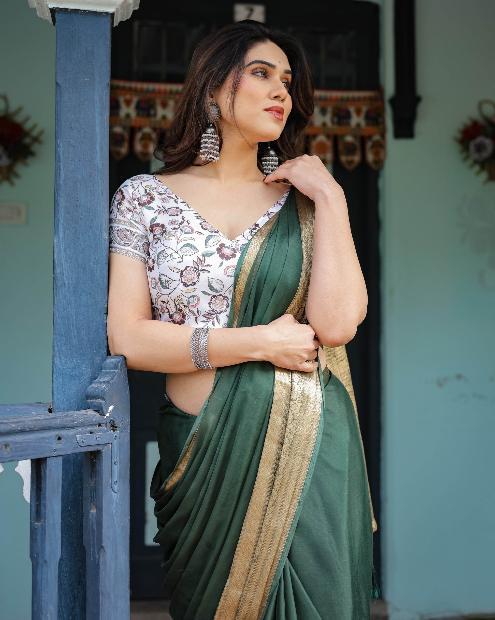 Elegant Bottle Green Plain Chiffon Saree with Gold Zari Border, Floral Printed Blouse & Tassel Finishing - SEEANS