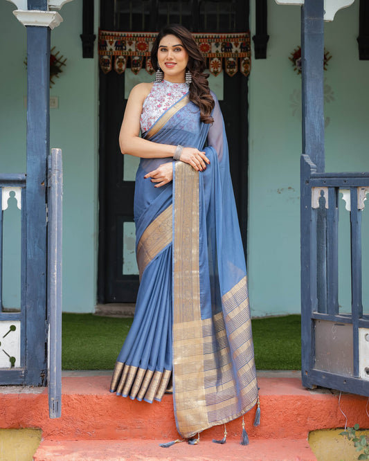 Serene Steel Blue Plain Chiffon Saree with Gold Zari Border, Floral Printed Blouse & Tassel Detailing - SEEANS