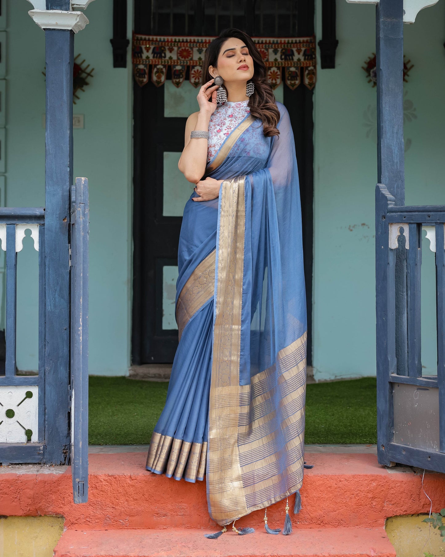 Serene Steel Blue Plain Chiffon Saree with Gold Zari Border, Floral Printed Blouse & Tassel Detailing - SEEANS