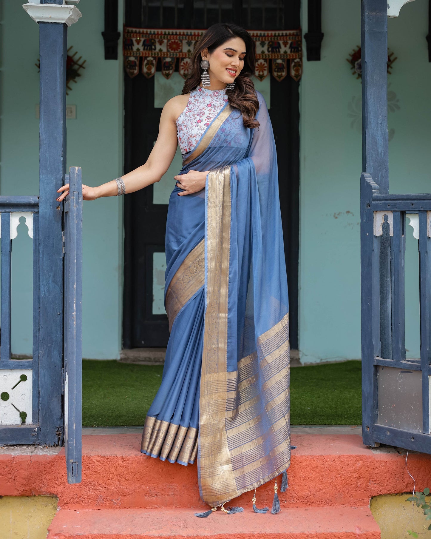 Serene Steel Blue Plain Chiffon Saree with Gold Zari Border, Floral Printed Blouse & Tassel Detailing - SEEANS