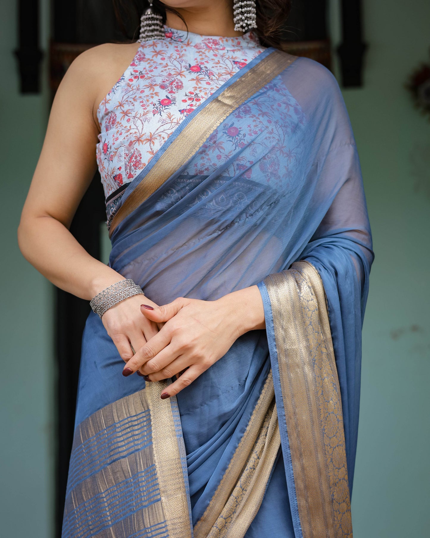 Serene Steel Blue Plain Chiffon Saree with Gold Zari Border, Floral Printed Blouse & Tassel Detailing - SEEANS