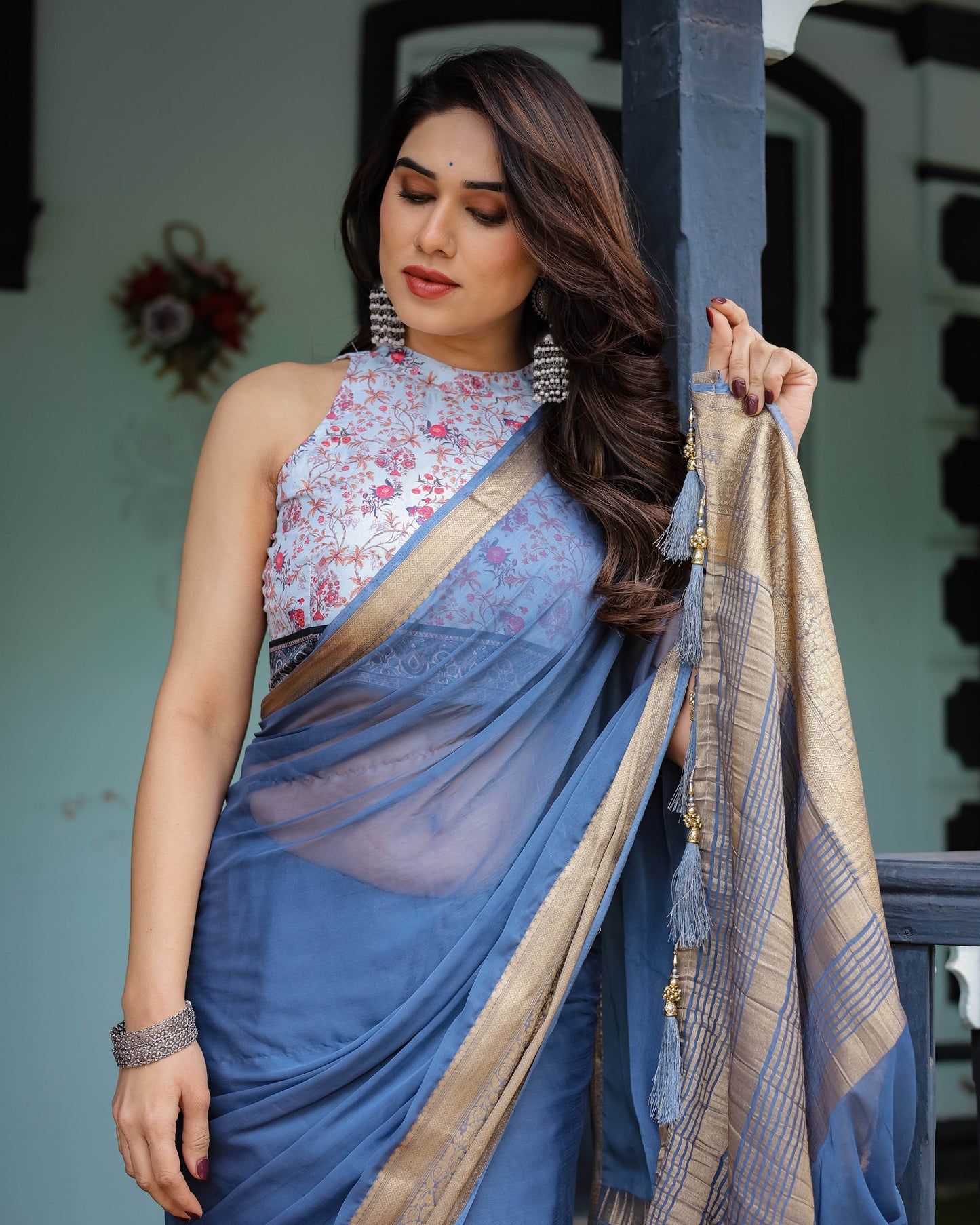 Serene Steel Blue Plain Chiffon Saree with Gold Zari Border, Floral Printed Blouse & Tassel Detailing - SEEANS