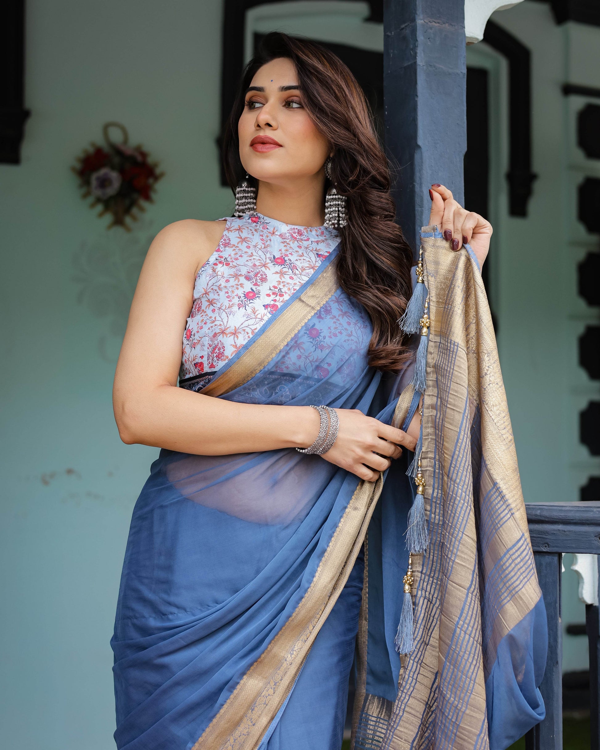 Serene Steel Blue Plain Chiffon Saree with Gold Zari Border, Floral Printed Blouse & Tassel Detailing - SEEANS