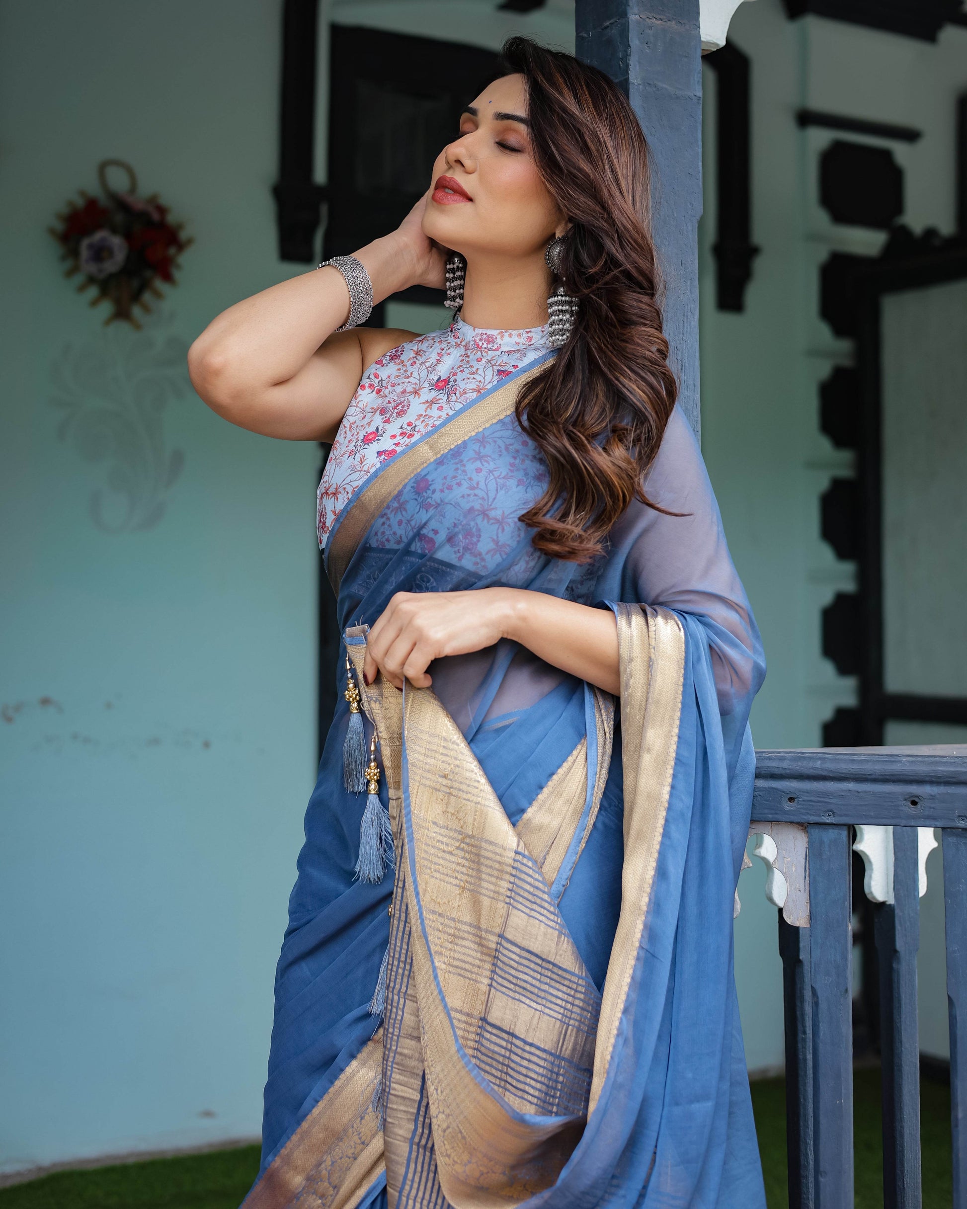 Serene Steel Blue Plain Chiffon Saree with Gold Zari Border, Floral Printed Blouse & Tassel Detailing - SEEANS