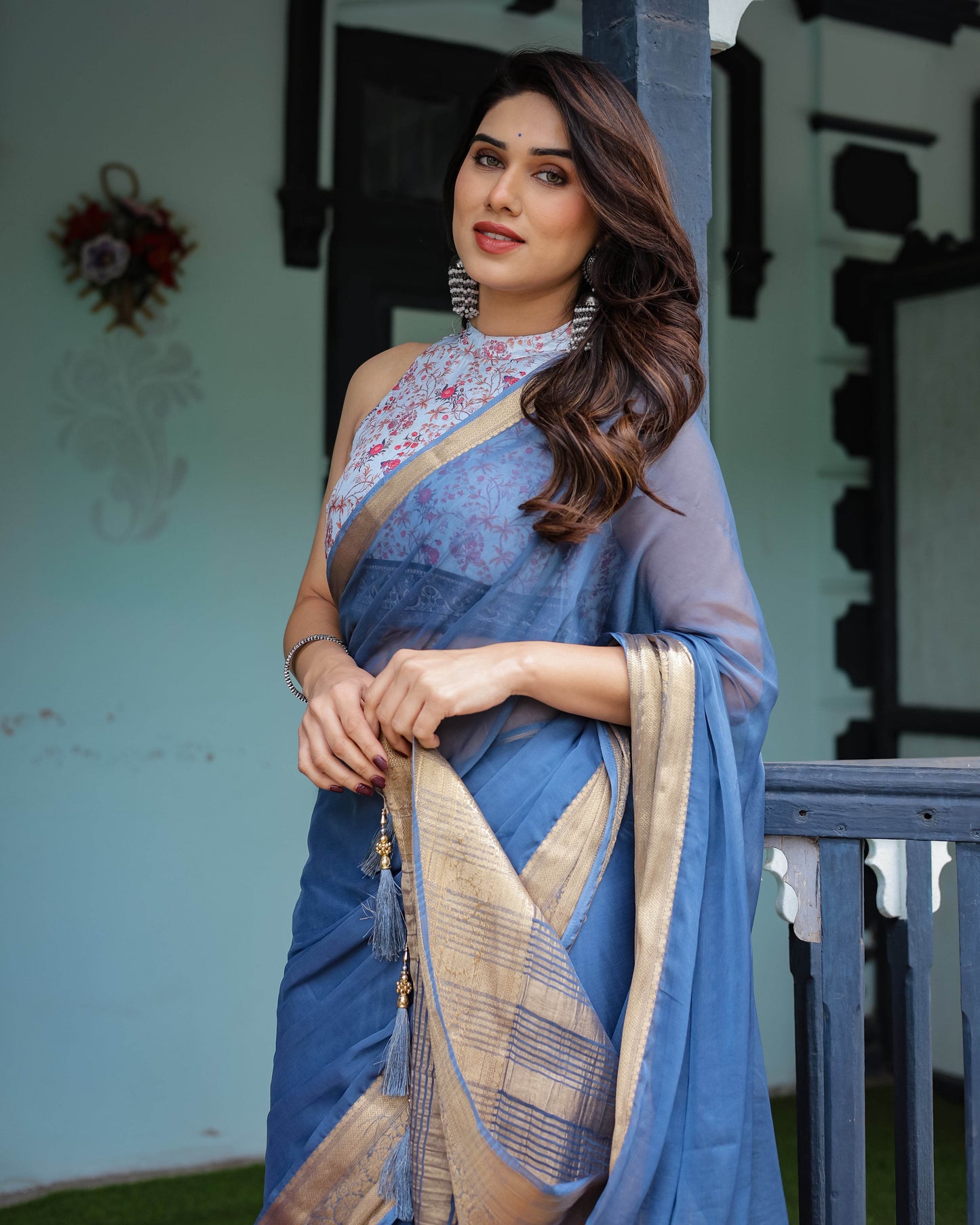 Serene Steel Blue Plain Chiffon Saree with Gold Zari Border, Floral Printed Blouse & Tassel Detailing - SEEANS