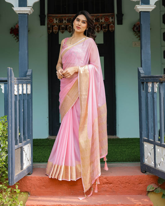 Blush Pink Plain Chiffon Saree with Gold Zari Border, Floral Printed Blouse & Tassel Finishing - SEEANS