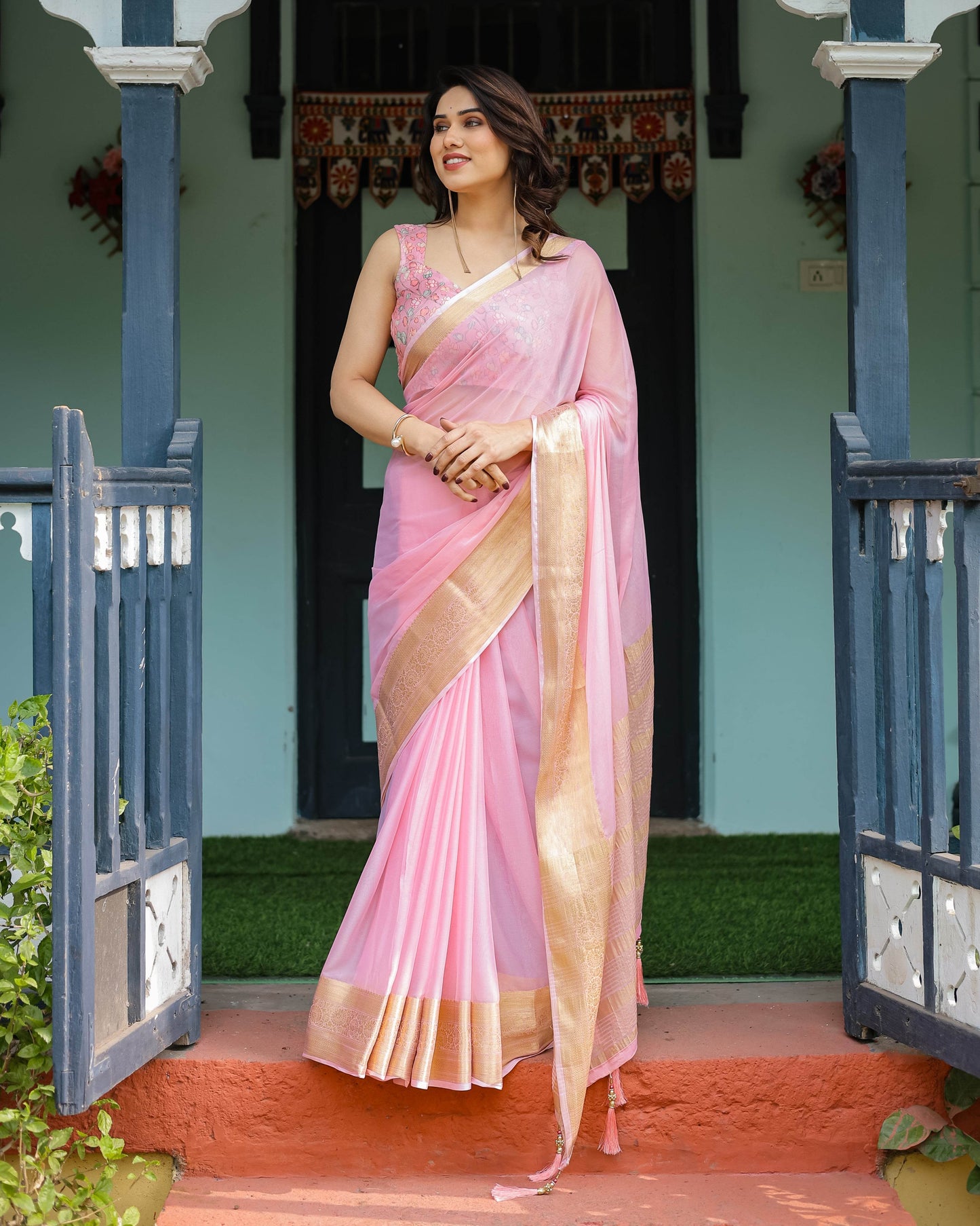 Blush Pink Plain Chiffon Saree with Gold Zari Border, Floral Printed Blouse & Tassel Finishing - SEEANS