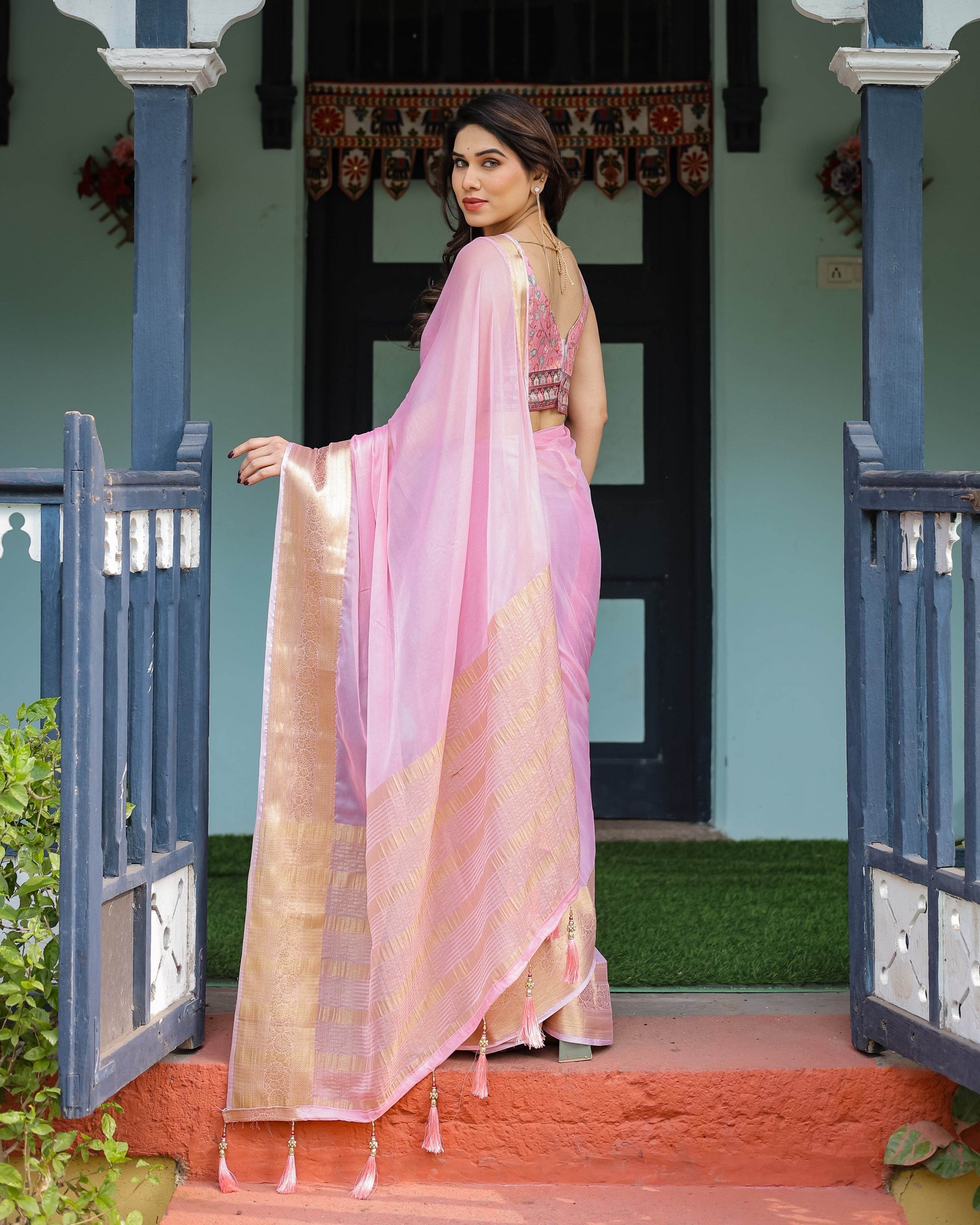 Blush Pink Plain Chiffon Saree with Gold Zari Border, Floral Printed Blouse & Tassel Finishing - SEEANS