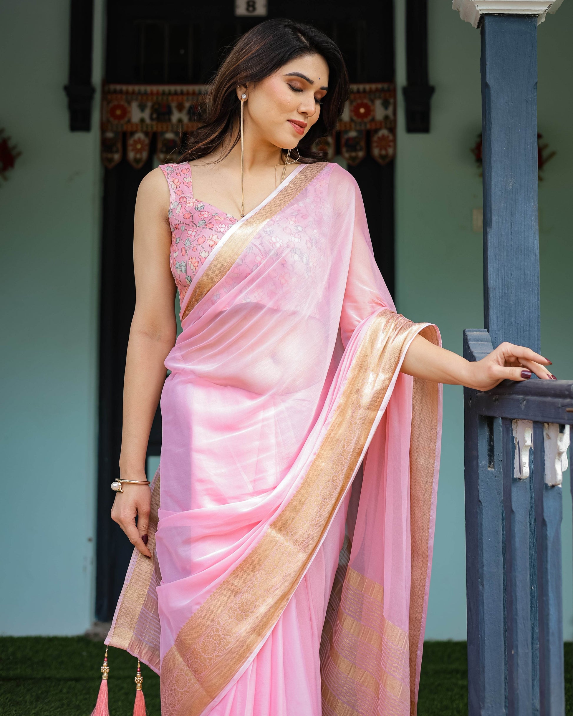 Blush Pink Plain Chiffon Saree with Gold Zari Border, Floral Printed Blouse & Tassel Finishing - SEEANS