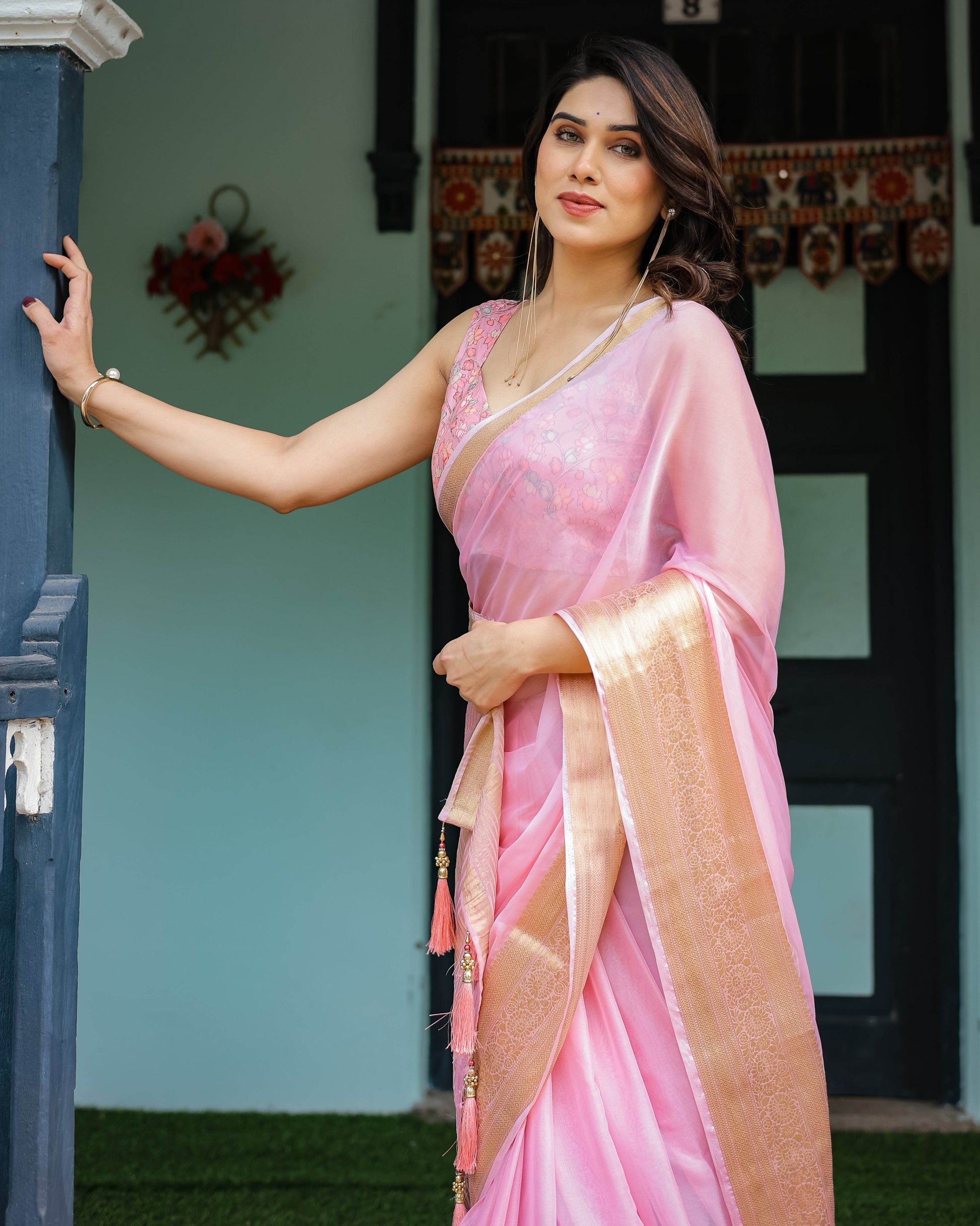 Blush Pink Plain Chiffon Saree with Gold Zari Border, Floral Printed Blouse & Tassel Finishing - SEEANS