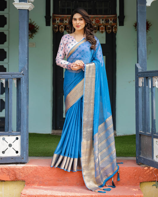 Vibrant Sky Blue Plain Chiffon Saree with Gold Zari Border, Floral Printed Blouse & Tassel Accents - SEEANS