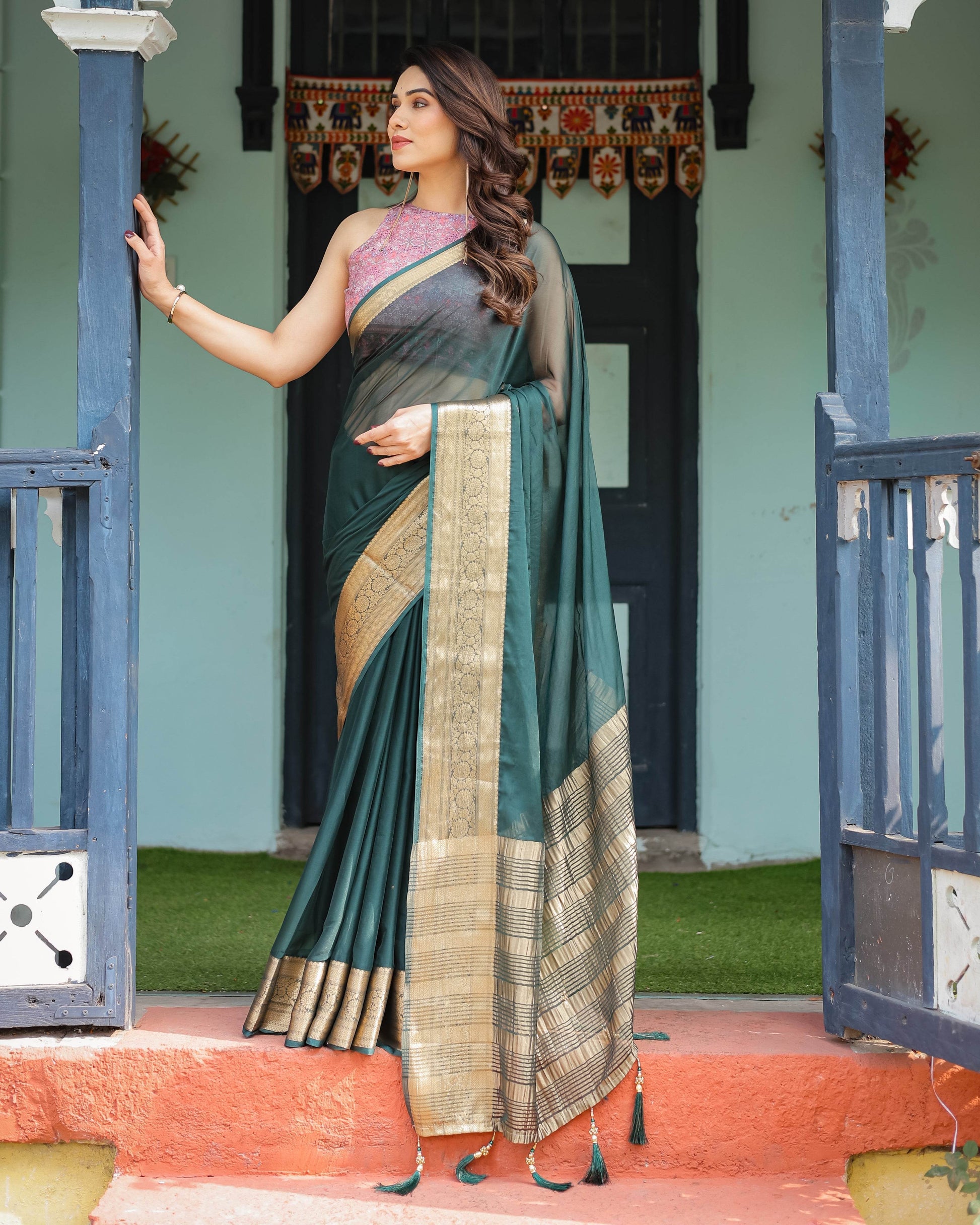 Enchanting Forest Green Plain Chiffon Saree with Gold Zari Border, Floral Printed Blouse & Tassel Details - SEEANS