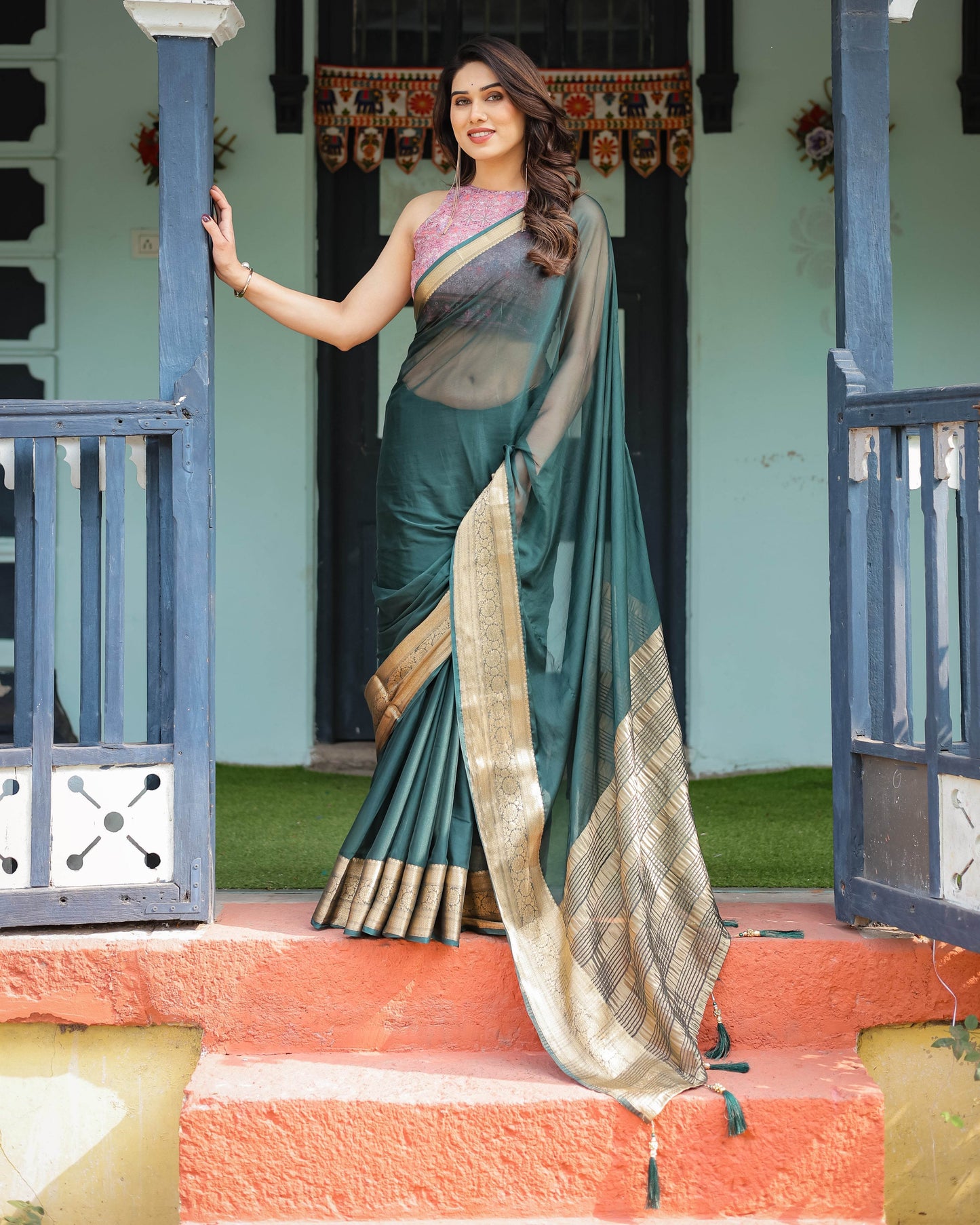 Enchanting Forest Green Plain Chiffon Saree with Gold Zari Border, Floral Printed Blouse & Tassel Details - SEEANS