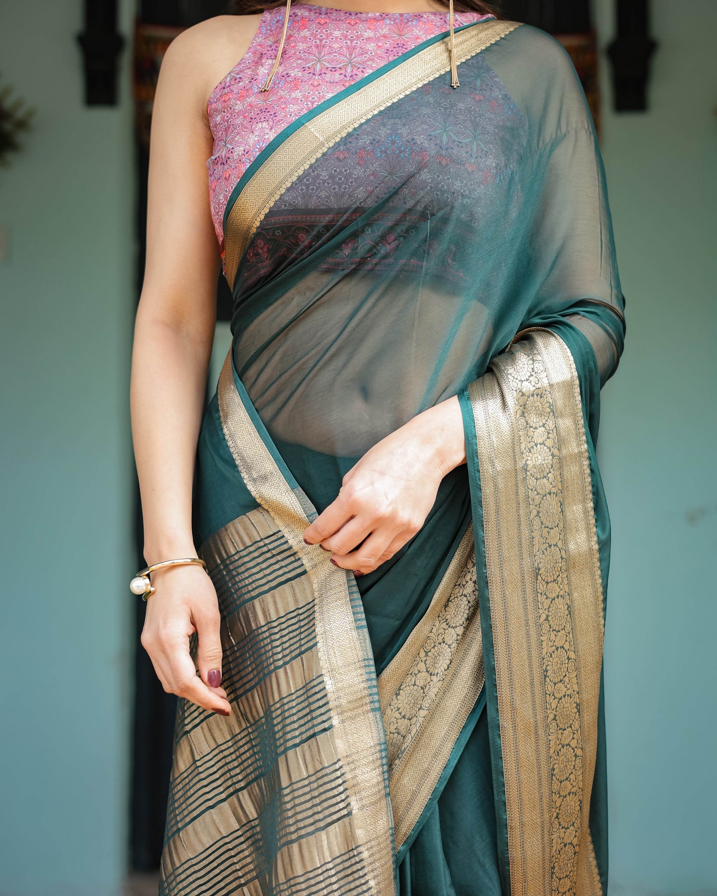 Enchanting Forest Green Plain Chiffon Saree with Gold Zari Border, Floral Printed Blouse & Tassel Details - SEEANS