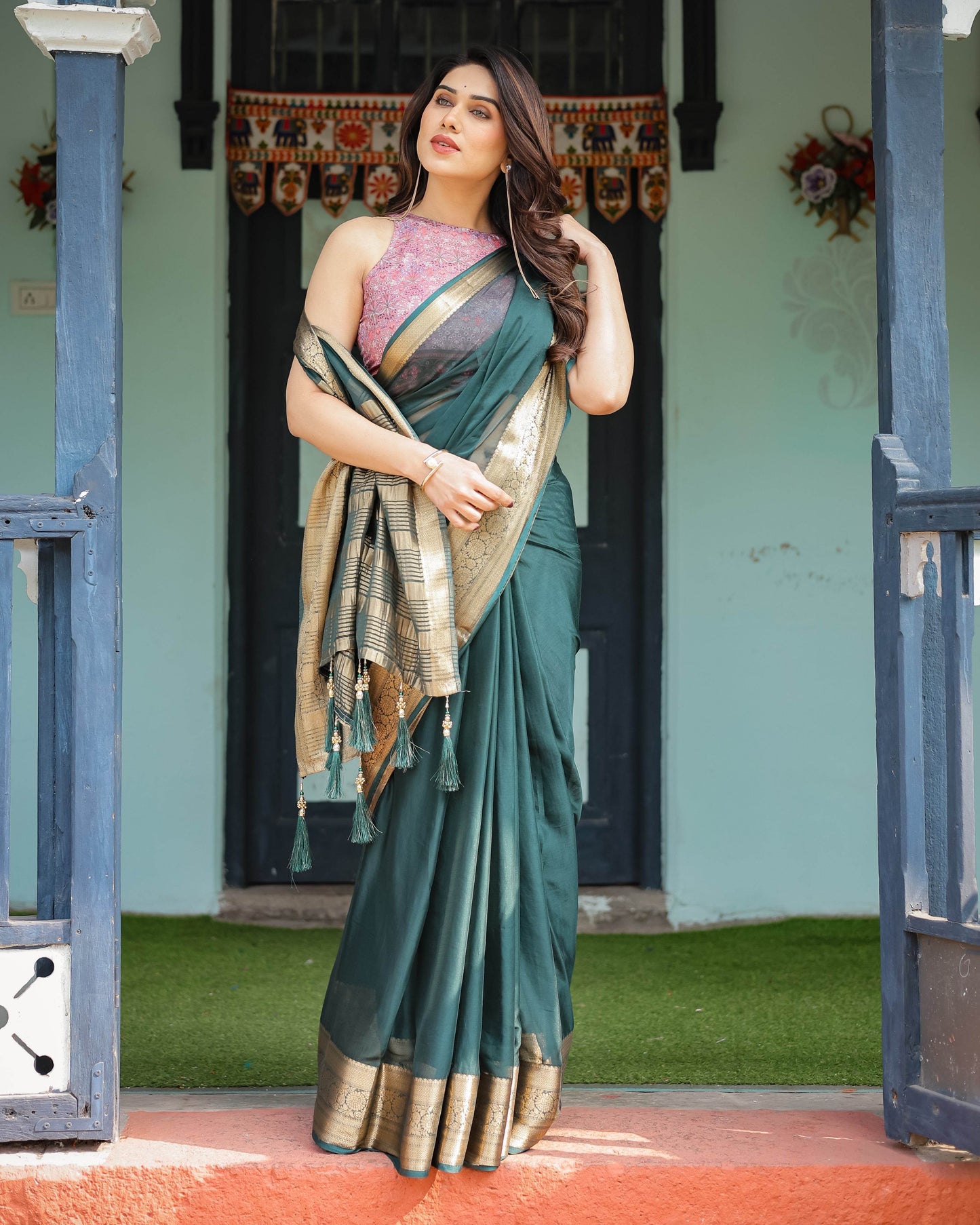 Enchanting Forest Green Plain Chiffon Saree with Gold Zari Border, Floral Printed Blouse & Tassel Details - SEEANS