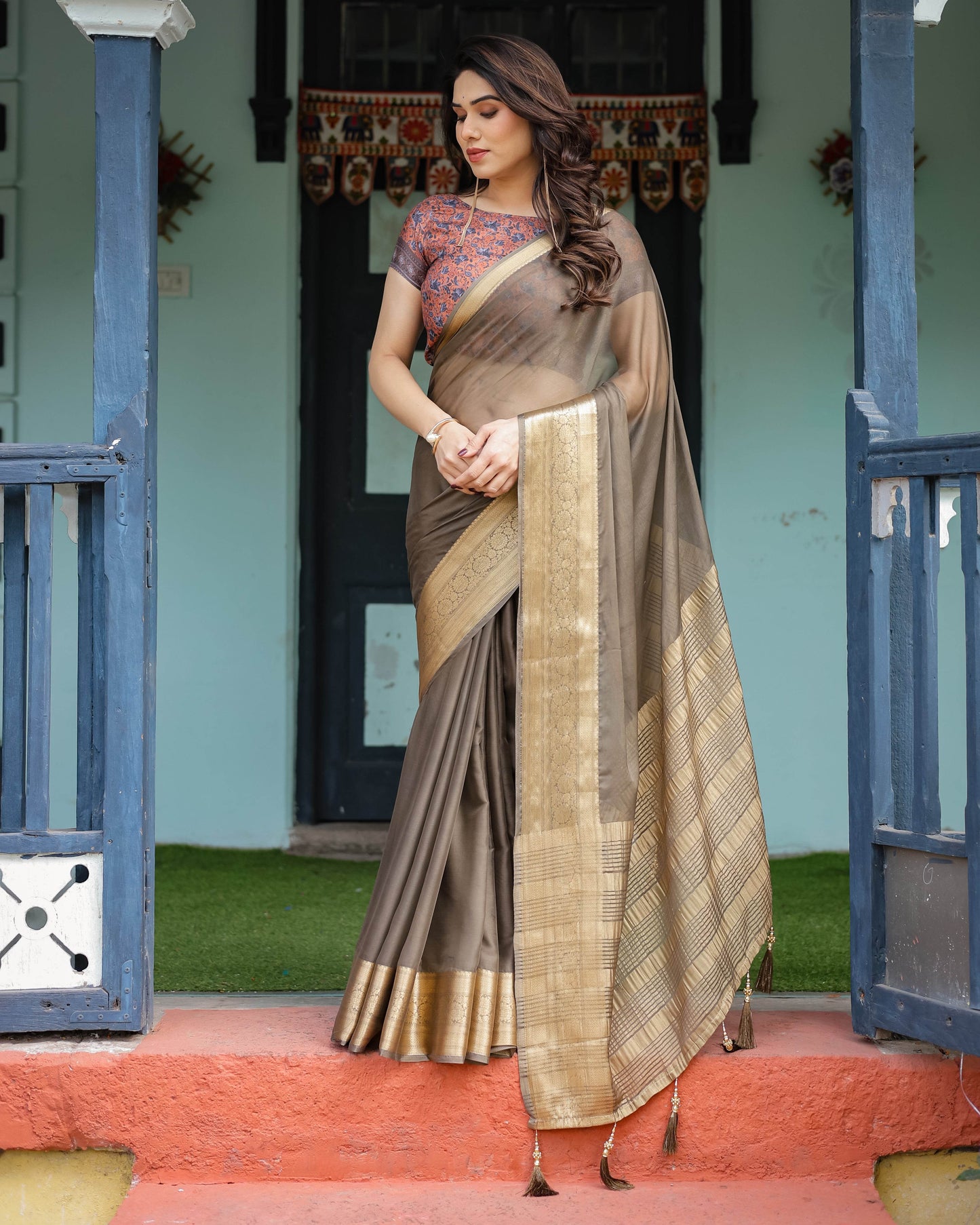 Elegant Olive Brown Plain Chiffon Saree with Gold Zari Border, Paisley Printed Blouse & Tassel Detailing - SEEANS