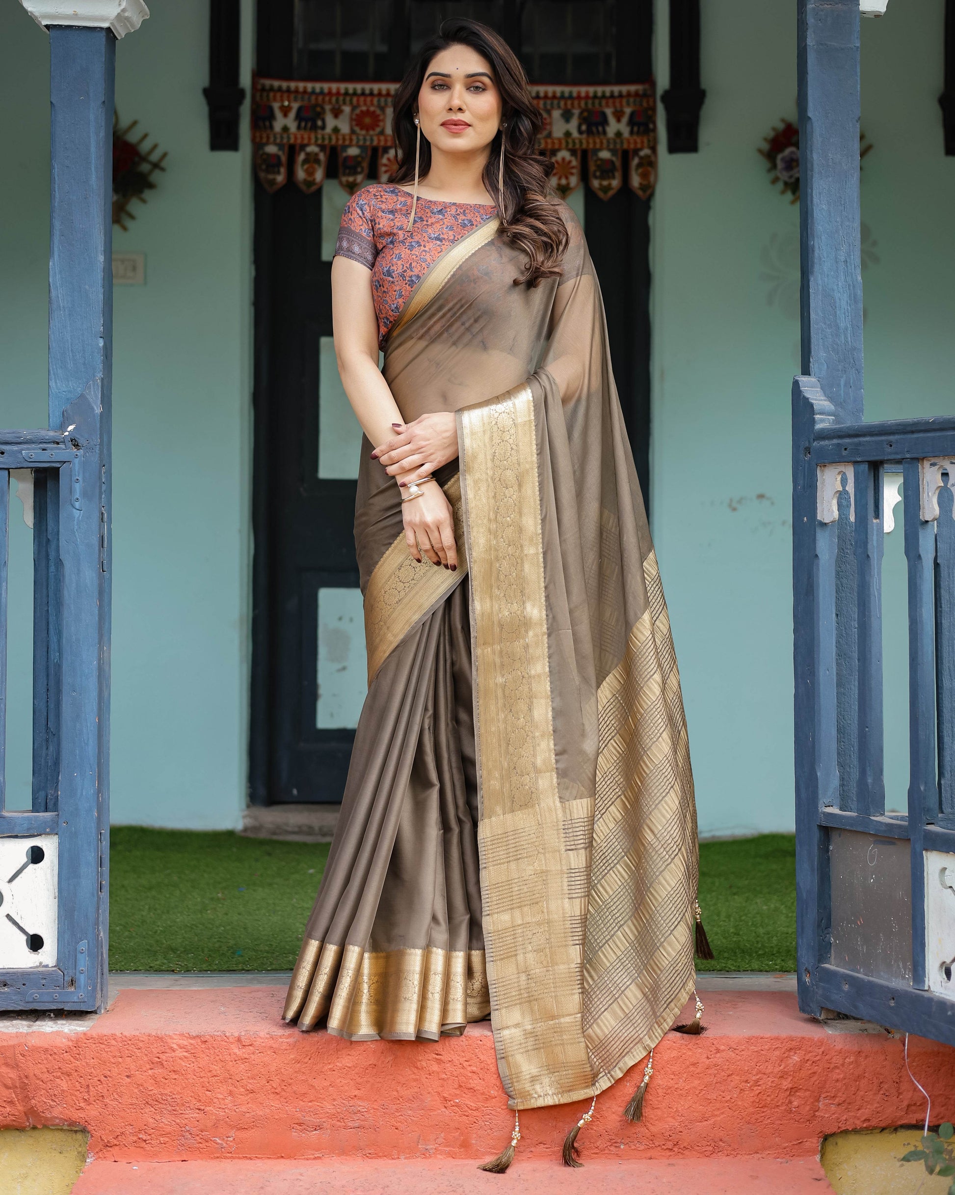 Elegant Olive Brown Plain Chiffon Saree with Gold Zari Border, Paisley Printed Blouse & Tassel Detailing - SEEANS