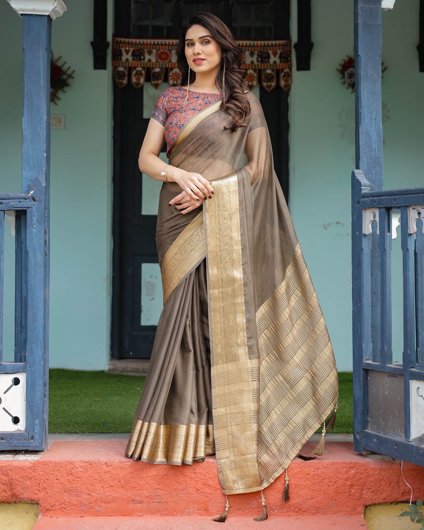 Elegant Olive Brown Plain Chiffon Saree with Gold Zari Border, Paisley Printed Blouse & Tassel Detailing - SEEANS