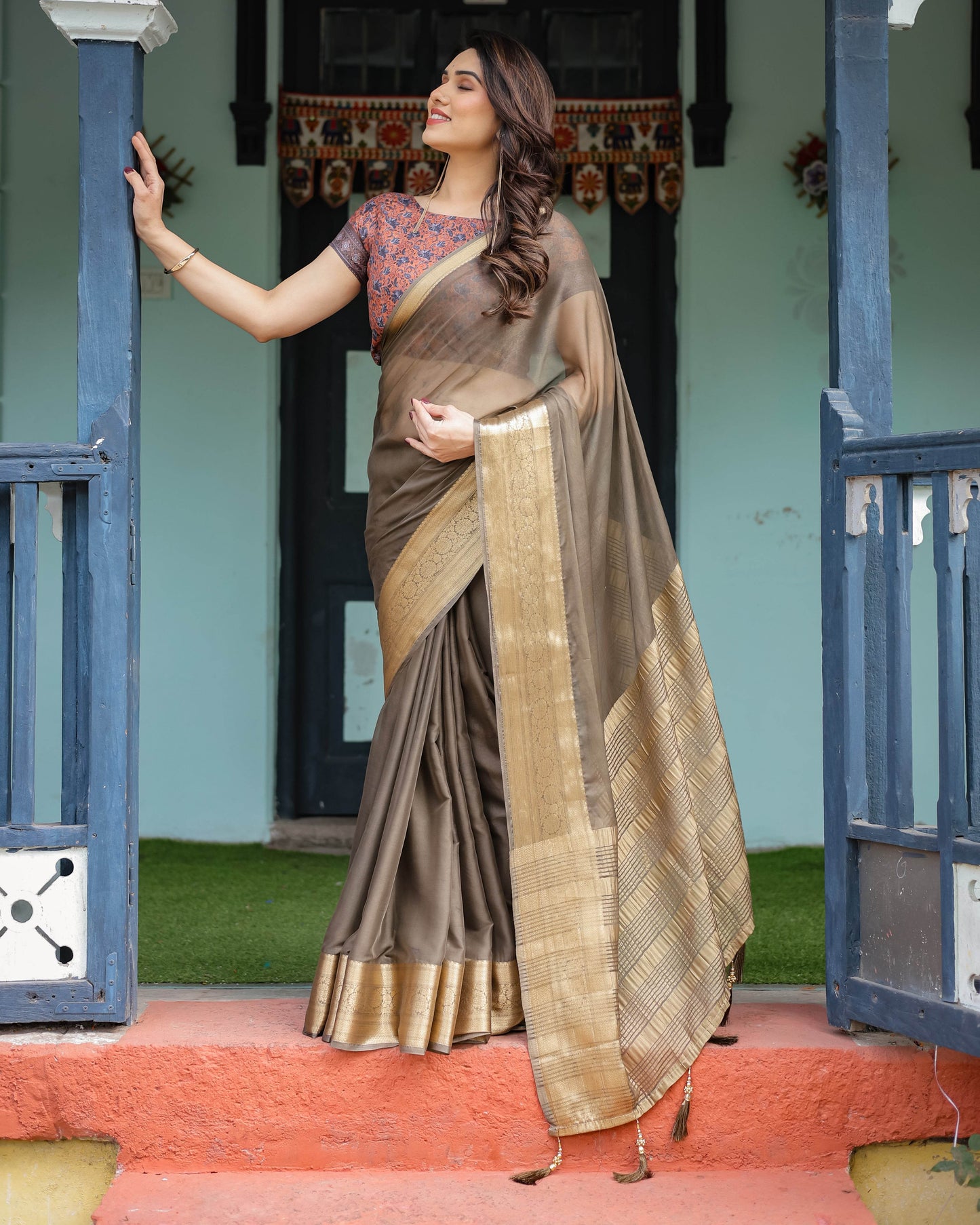 Elegant Olive Brown Plain Chiffon Saree with Gold Zari Border, Paisley Printed Blouse & Tassel Detailing - SEEANS