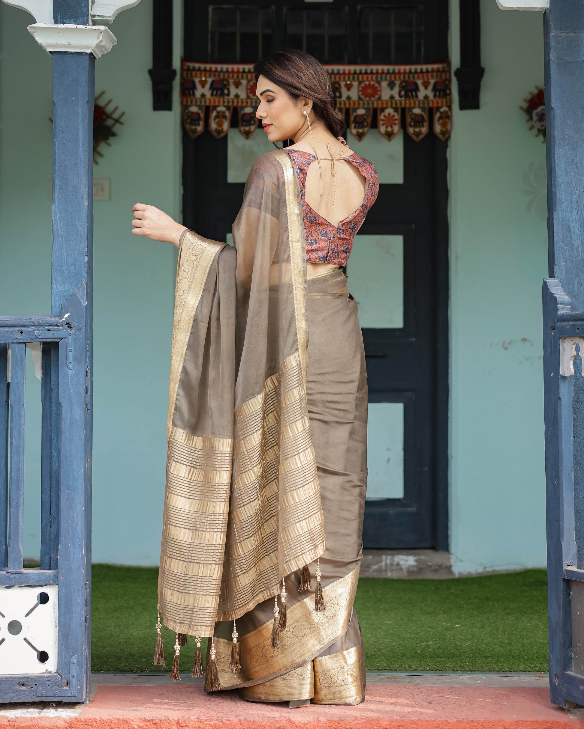 Elegant Olive Brown Plain Chiffon Saree with Gold Zari Border, Paisley Printed Blouse & Tassel Detailing - SEEANS