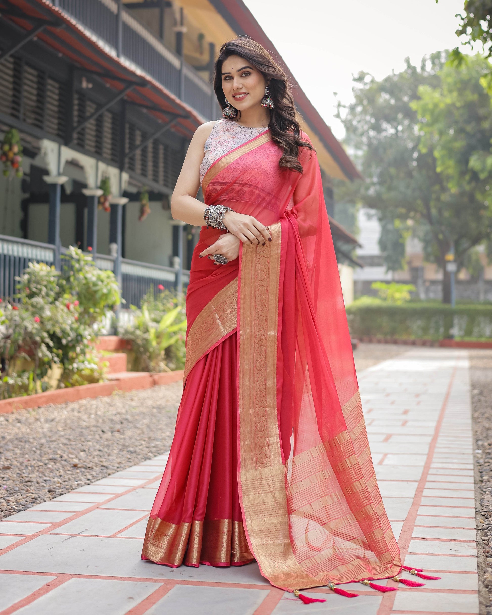 Radiant Rose Red Plain Chiffon Saree with Gold Zari Border, Intricate Printed Blouse & Tassel Accents - SEEANS