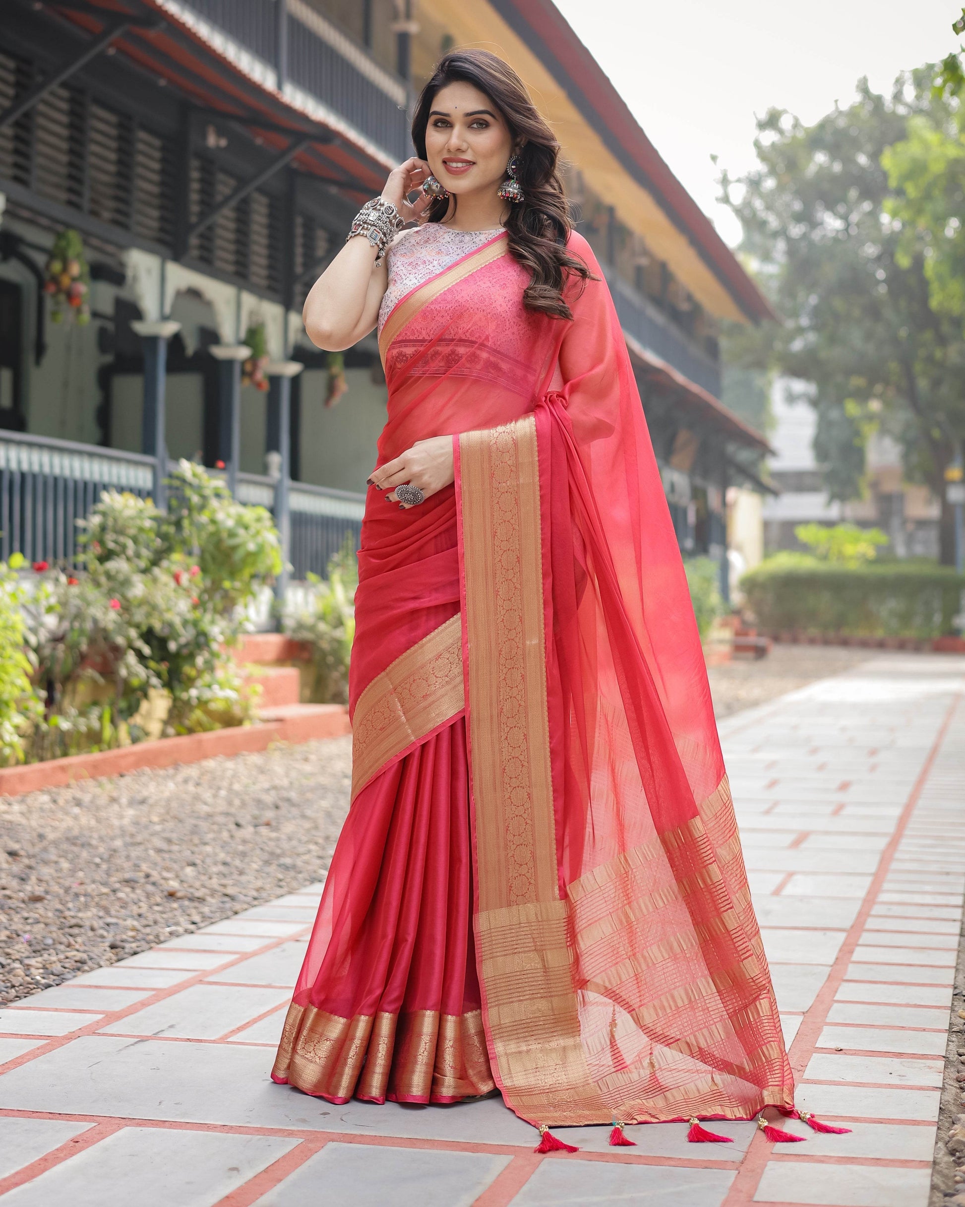 Radiant Rose Red Plain Chiffon Saree with Gold Zari Border, Intricate Printed Blouse & Tassel Accents - SEEANS