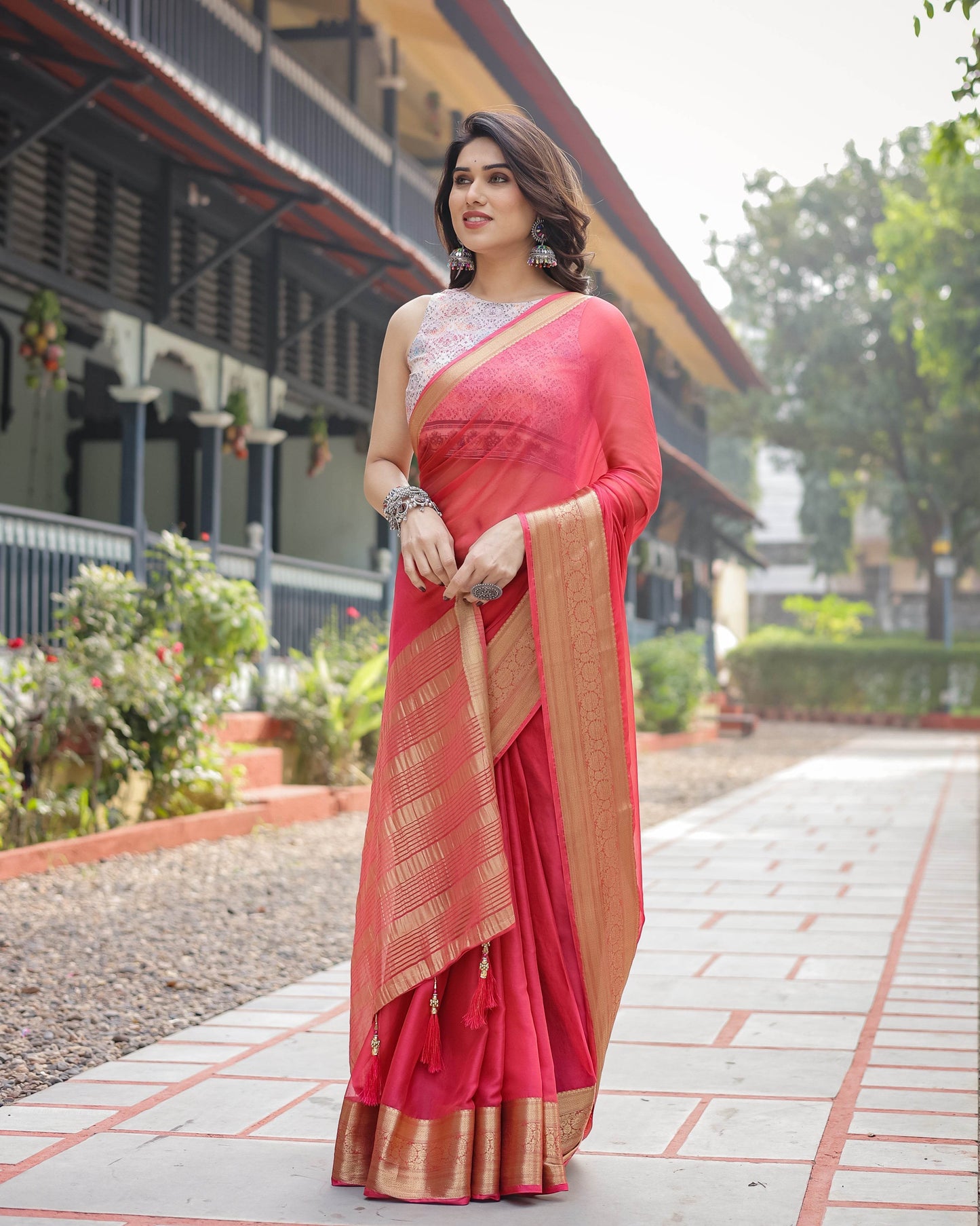 Radiant Rose Red Plain Chiffon Saree with Gold Zari Border, Intricate Printed Blouse & Tassel Accents - SEEANS