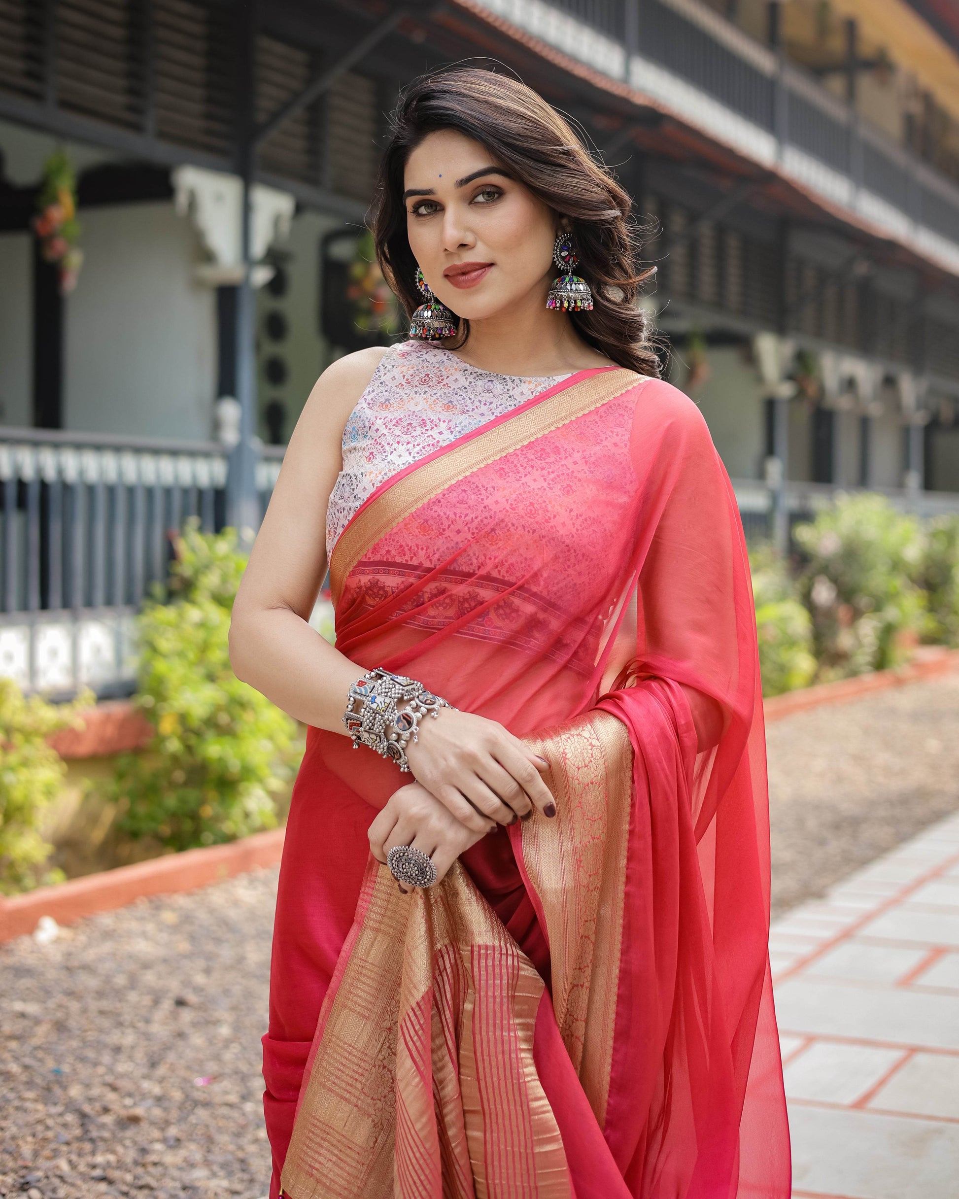 Radiant Rose Red Plain Chiffon Saree with Gold Zari Border, Intricate Printed Blouse & Tassel Accents - SEEANS