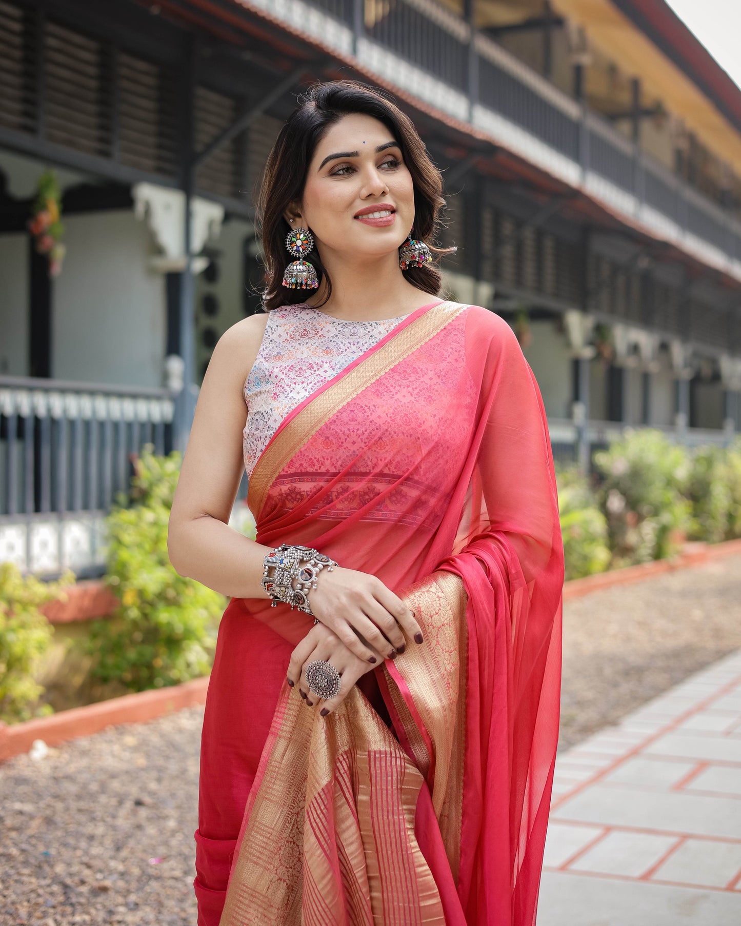 Radiant Rose Red Plain Chiffon Saree with Gold Zari Border, Intricate Printed Blouse & Tassel Accents - SEEANS