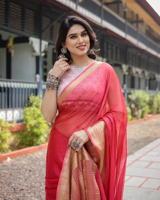 Radiant Rose Red Plain Chiffon Saree with Gold Zari Border, Intricate Printed Blouse & Tassel Accents - SEEANS